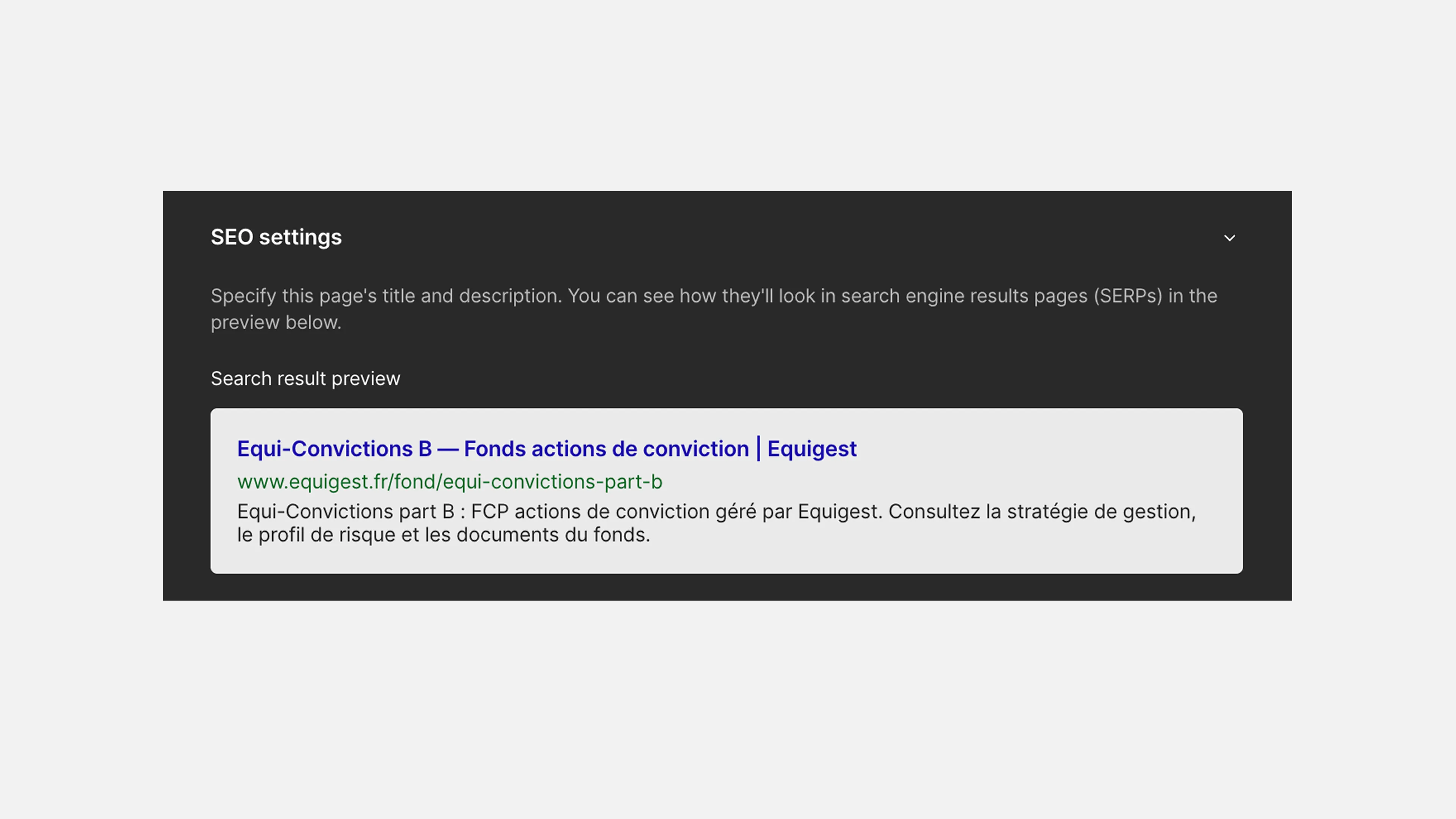 Webflow SEO settings for an investment fund page with optimized title and meta description
