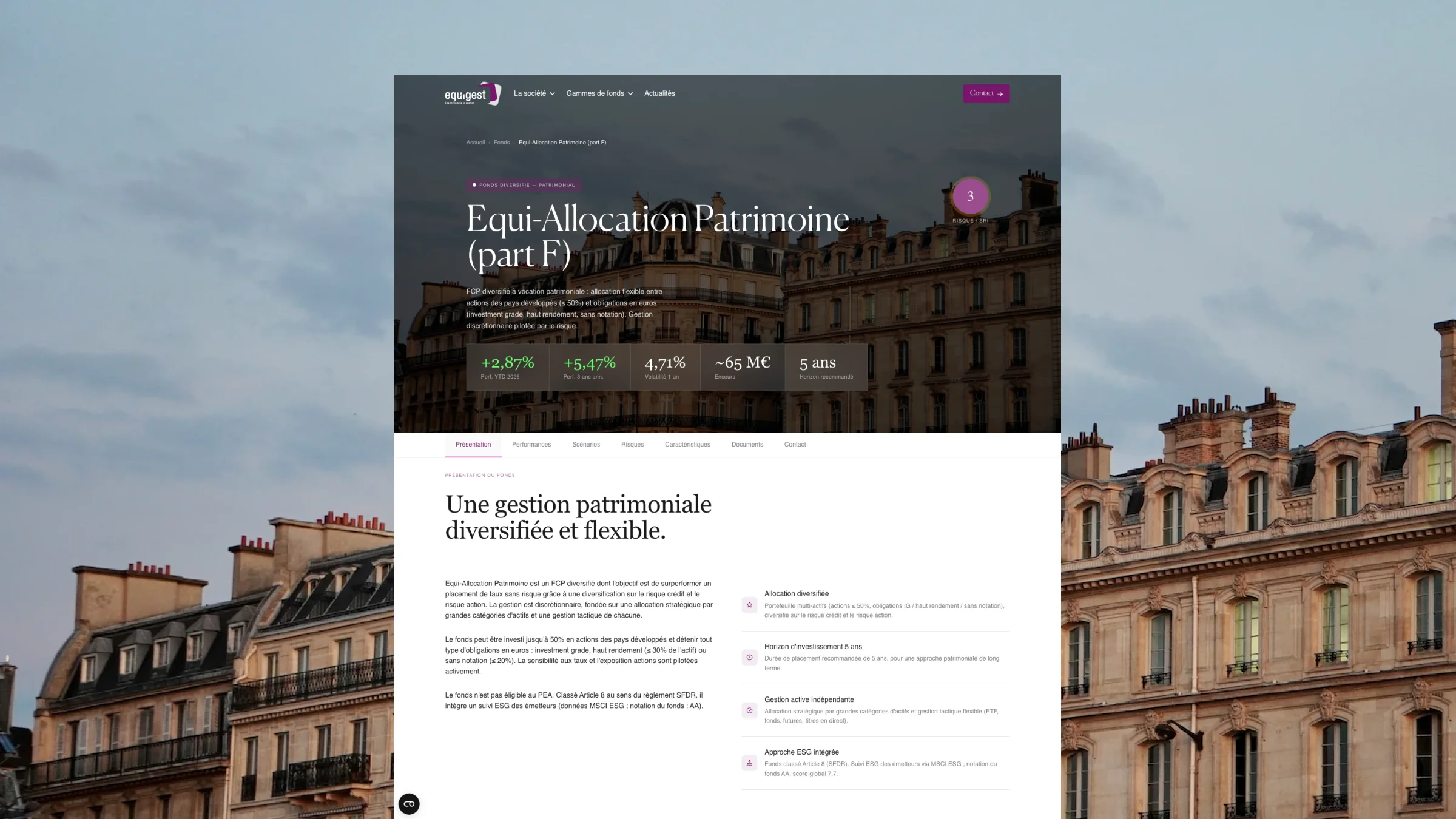 Page du fonds Equigest Asset Management présentant Equi-Allocation Patrimoine, ses performances, son niveau de risque et sa stratégie d'investissement.