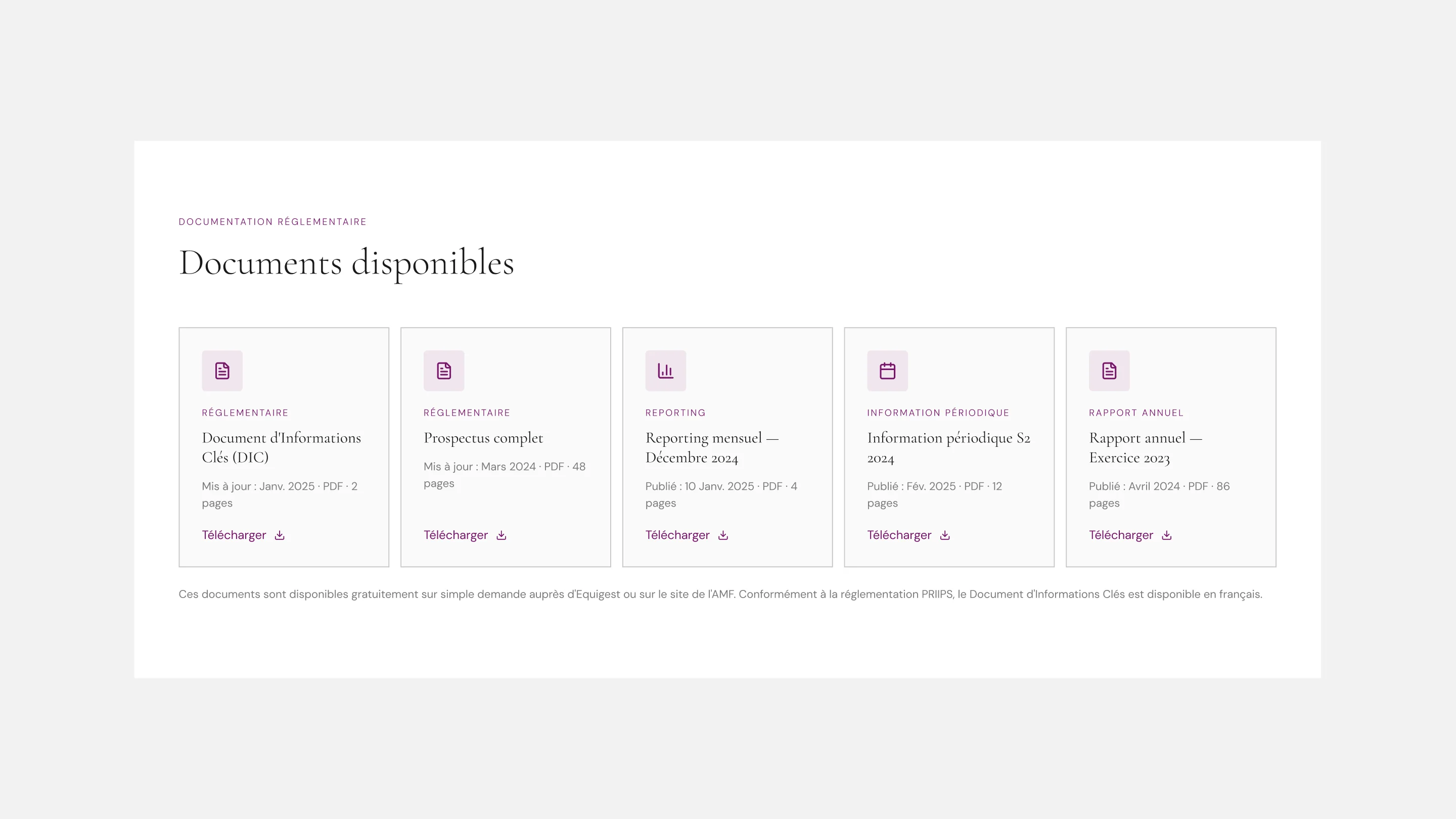 Page fonds d’une société de gestion présentant les documents réglementaires disponibles : DIC, prospectus, reporting mensuel et rapports périodiques et annuels.