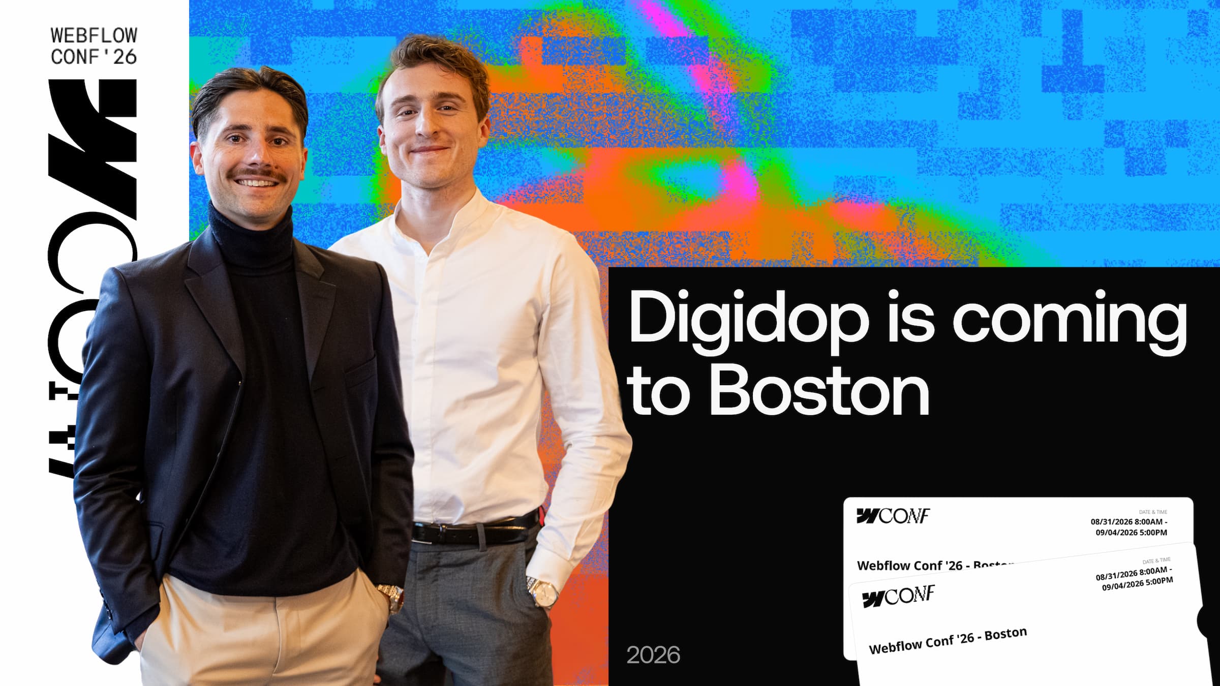 Florian Bodelot and Thomas Labonne from Digidop in front of a Webflow Conf 2026 visual announcing their trip to Boston.