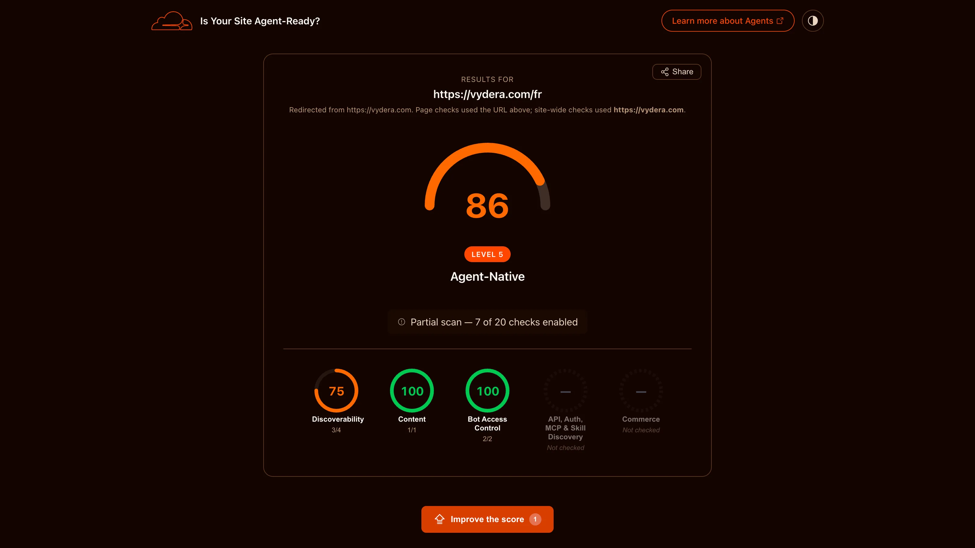 Vydera Agent-Ready test result with a score of 86, Level 5 “Agent-Native,” and detailed scores for discoverability, content, and bot access control.