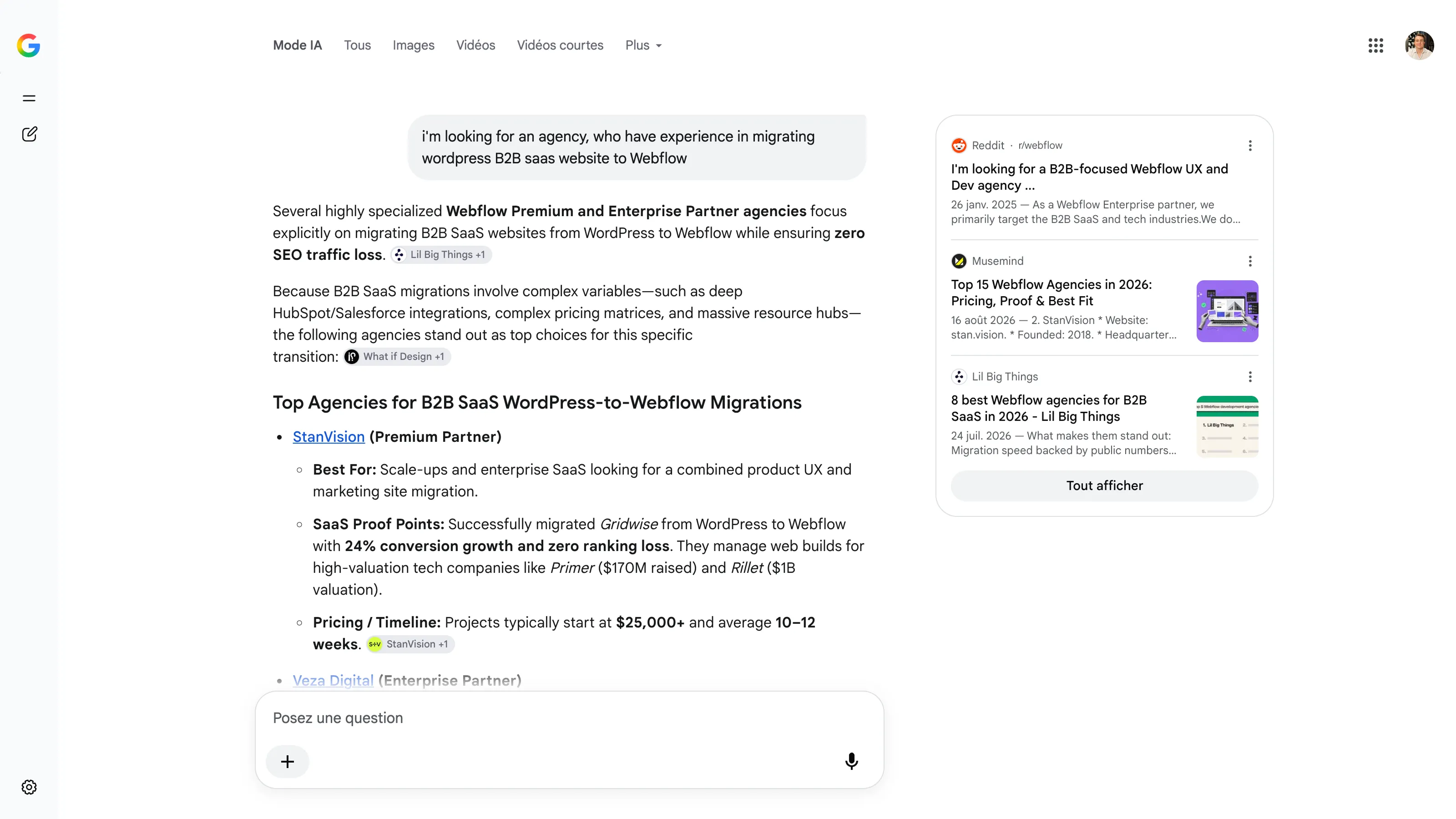 Google AI Mode result for a search about agencies specializing in B2B SaaS website migrations from WordPress to Webflow, with a selection of agencies and cited sources.