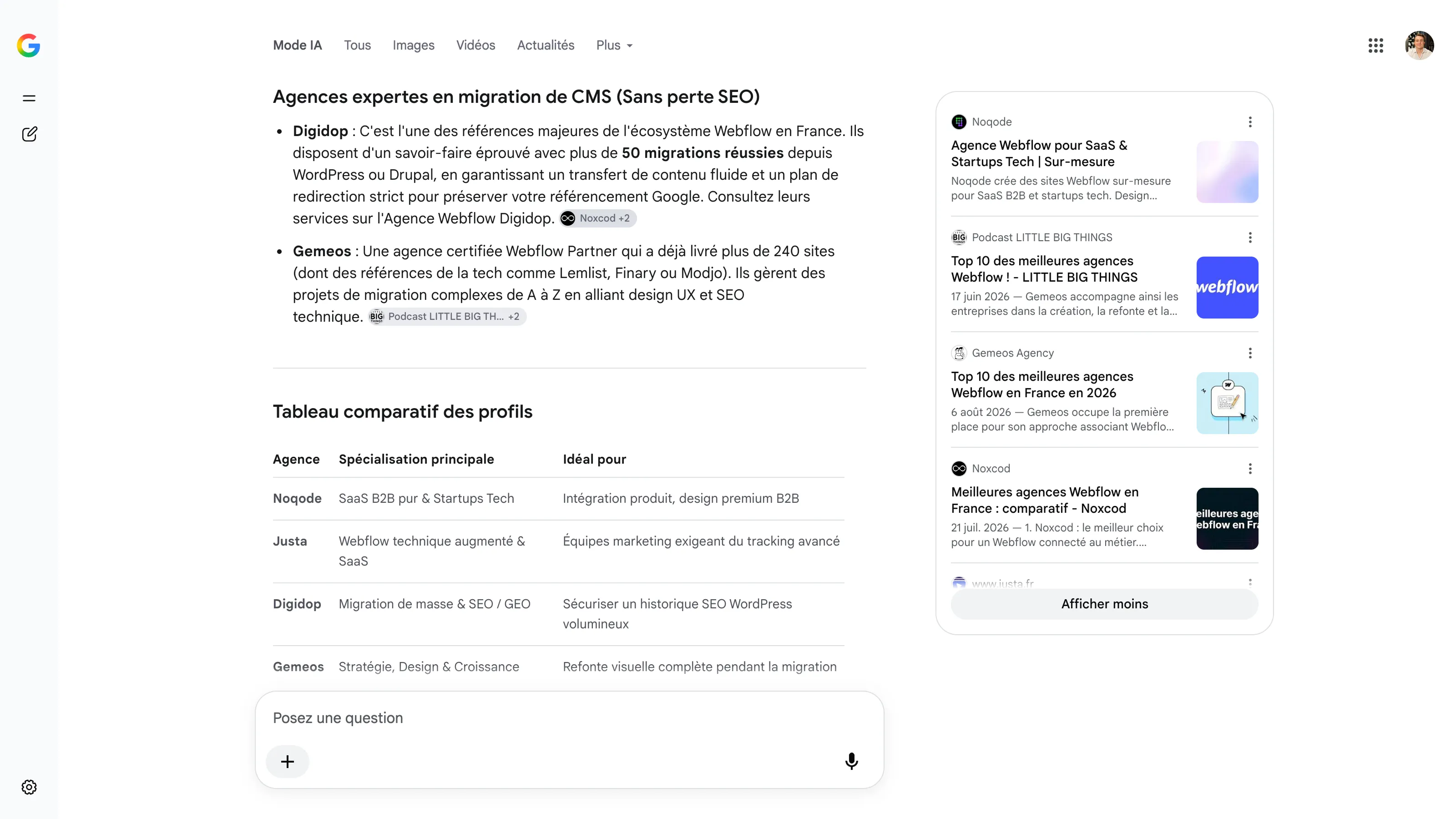 Résultat Google en Mode IA pour une recherche d’agence spécialisée dans la migration de sites SaaS B2B de WordPress vers Webflow, avec une sélection d’agences et de sources citées.