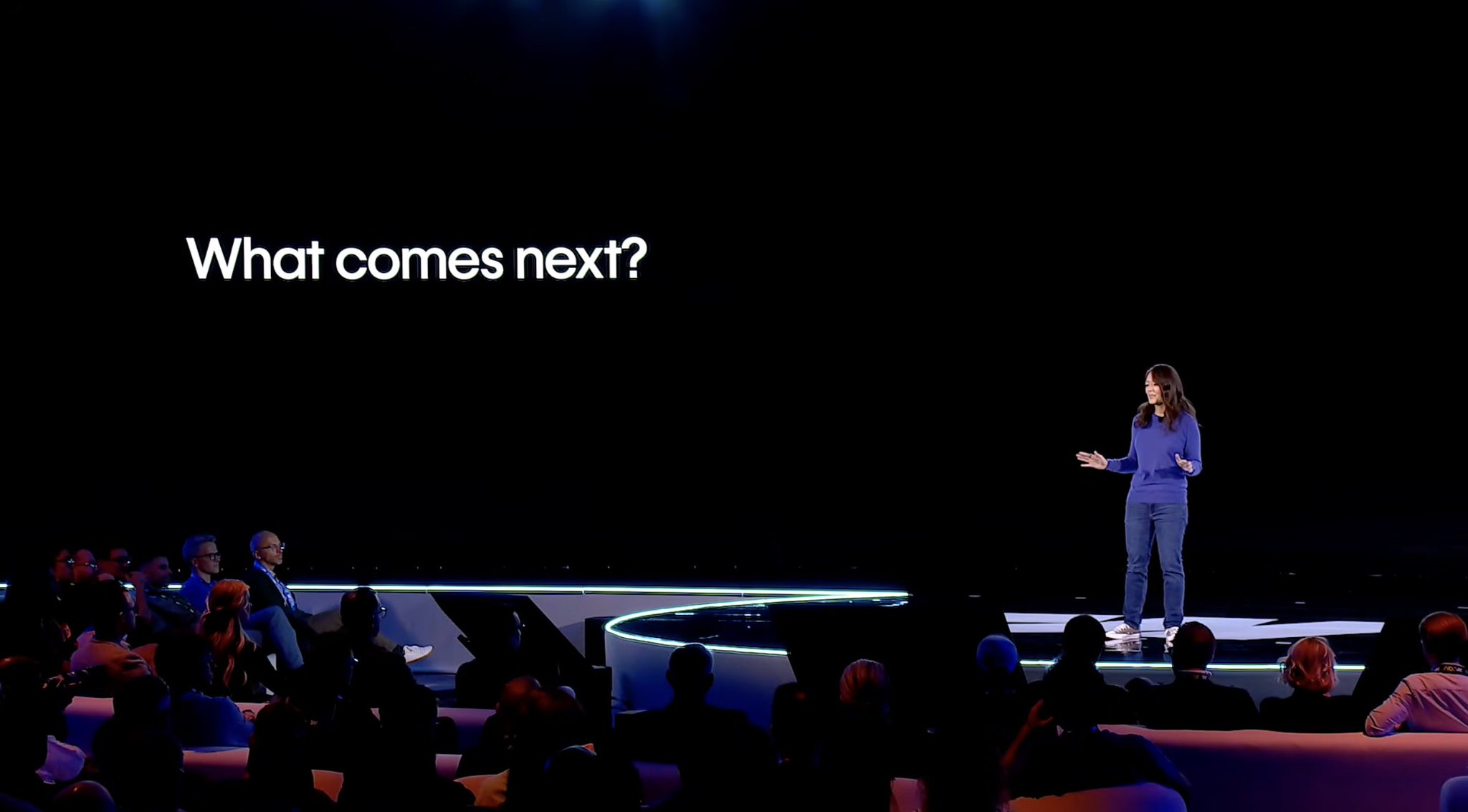 Webflow CEO Linda Tong presenting “What comes next?” at Webflow Conf 2026.