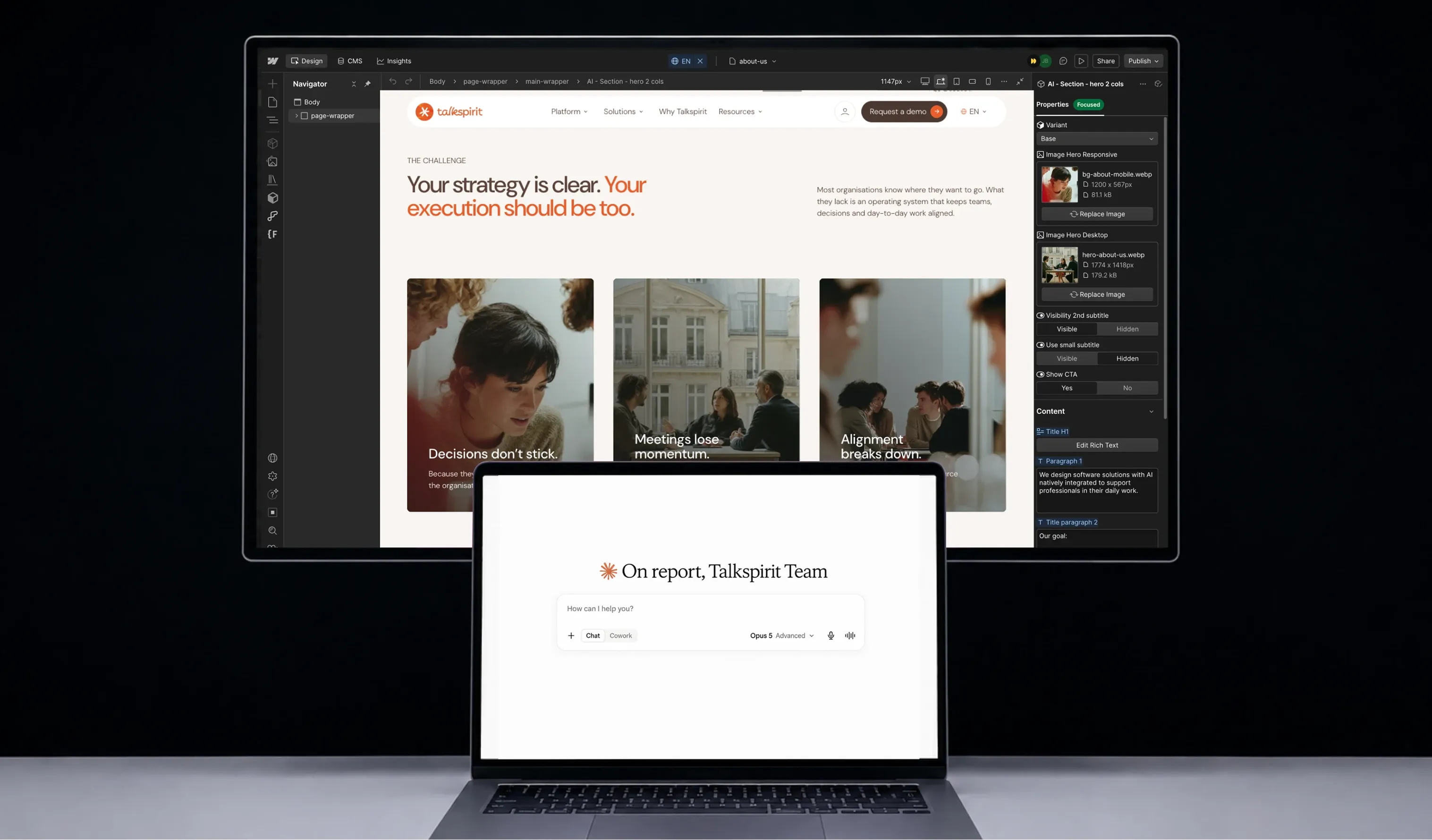 Workflow IA de Talkspirit combinant Webflow et Claude MCP pour accélérer la création et le déploiement de pages.