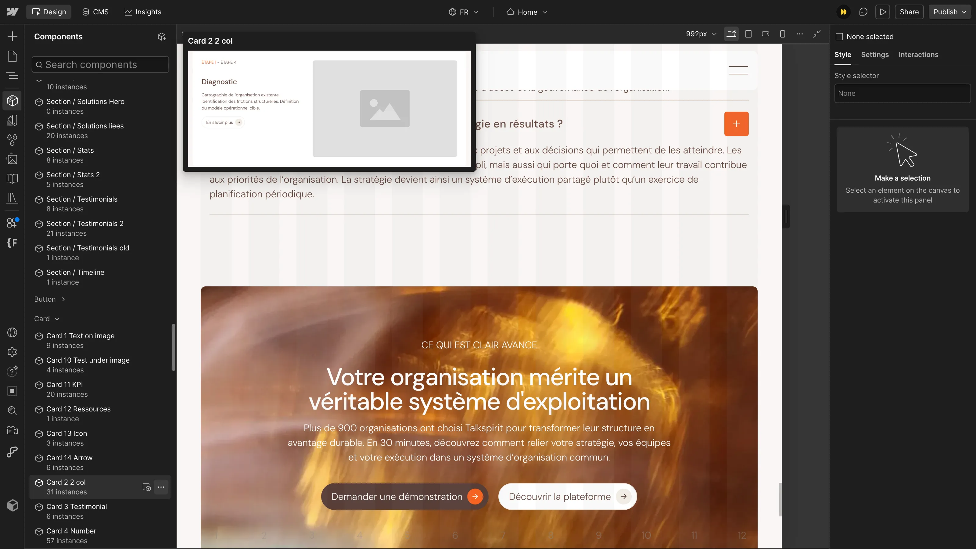 Restructuration des composants du site Talkspirit dans Webflow pour une architecture plus flexible et scalable.