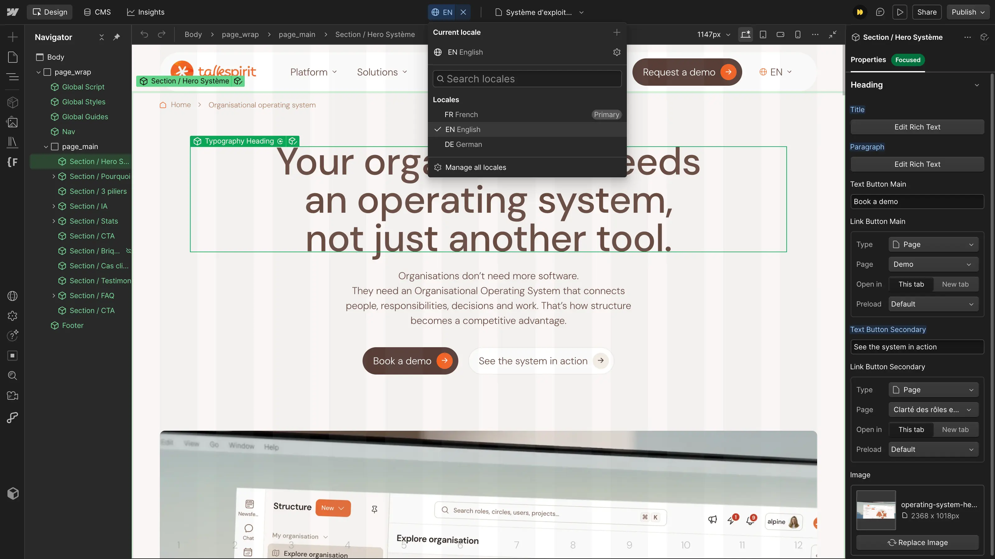 Site Talkspirit utilisant la localisation native de Webflow