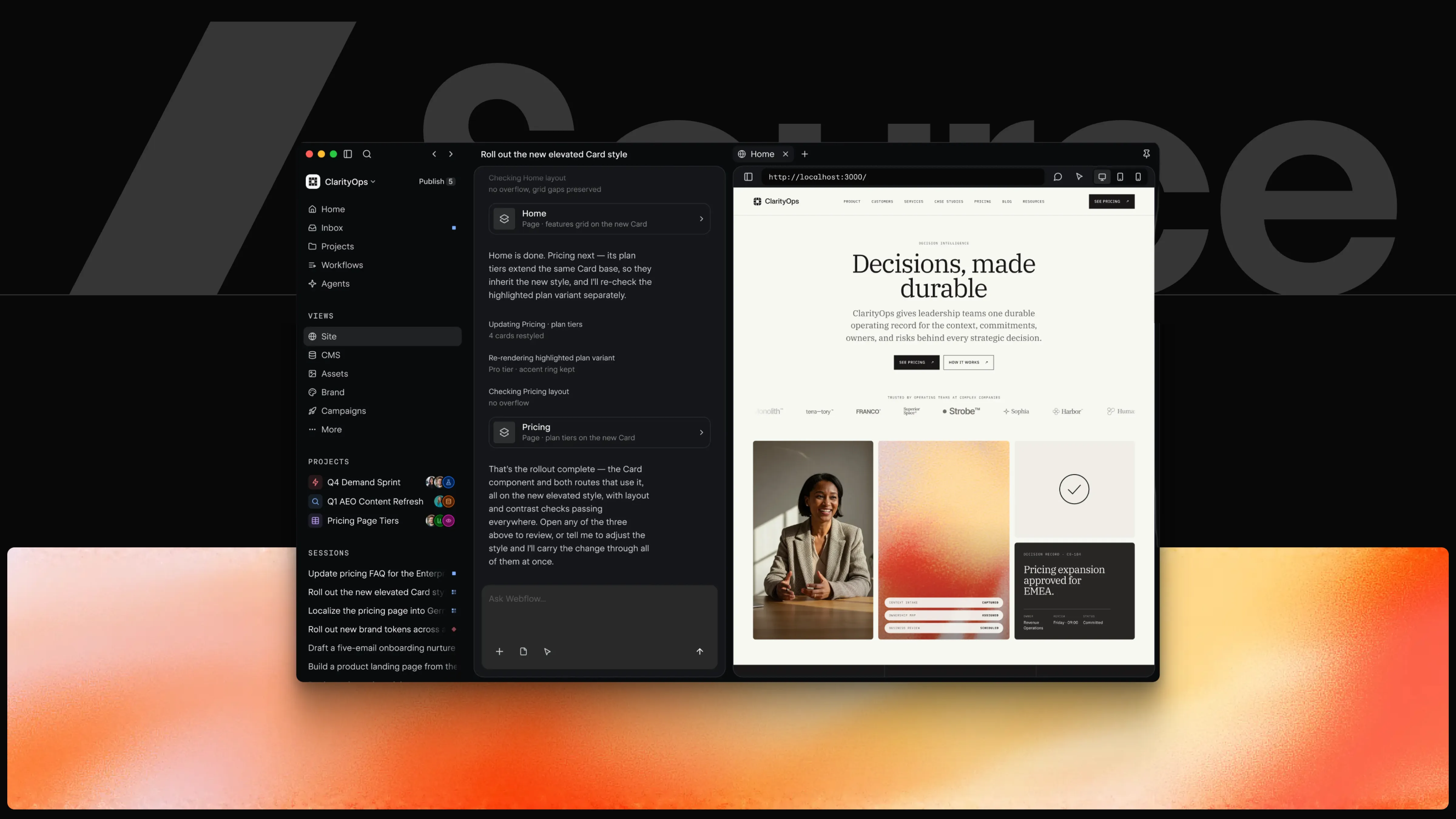Webflow Source interface showing AI agents, website editing, and role-based Views in a unified workspace.