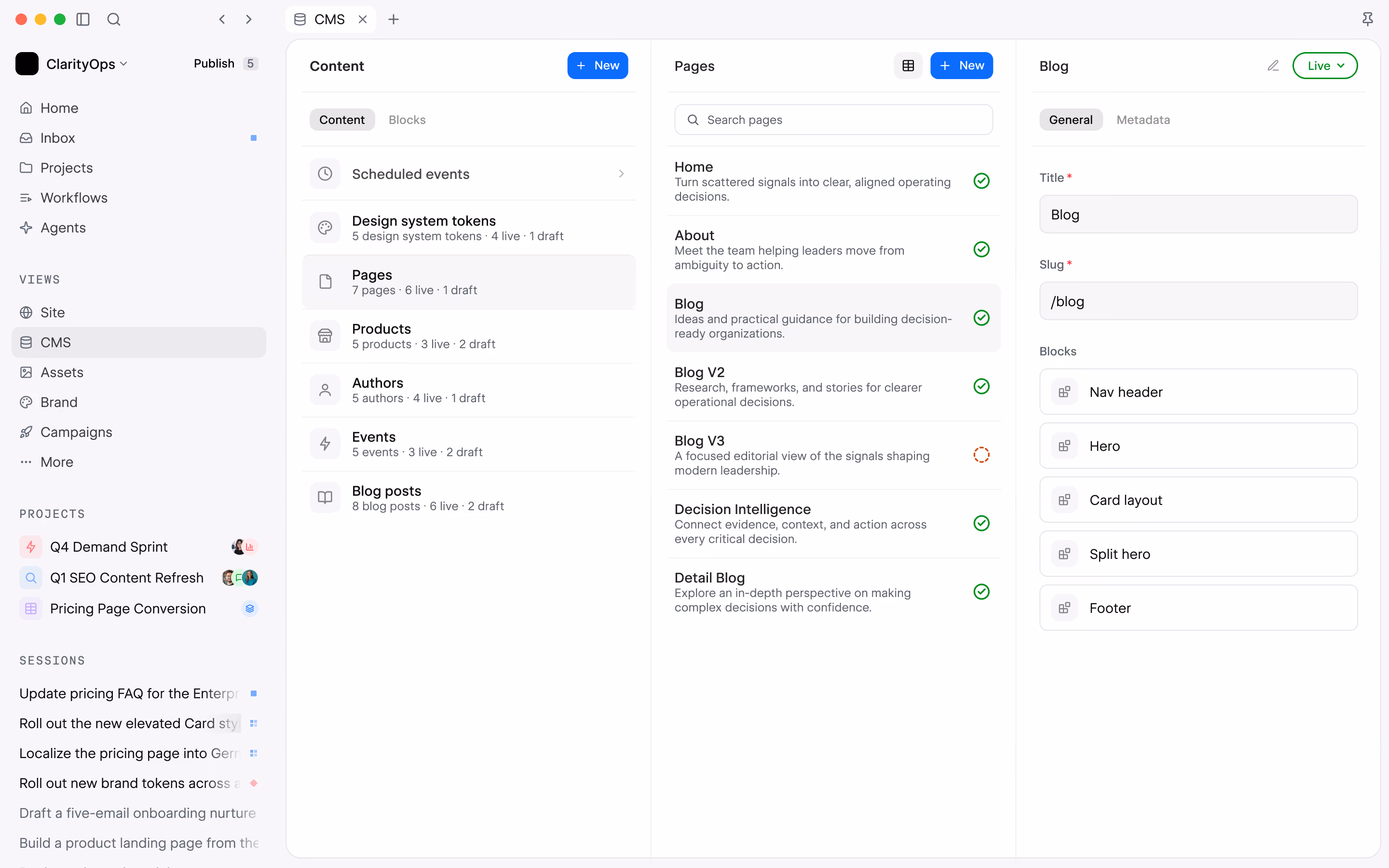 Webflow Source CMS interface showing content, pages, and reusable website blocks in a unified workspace.