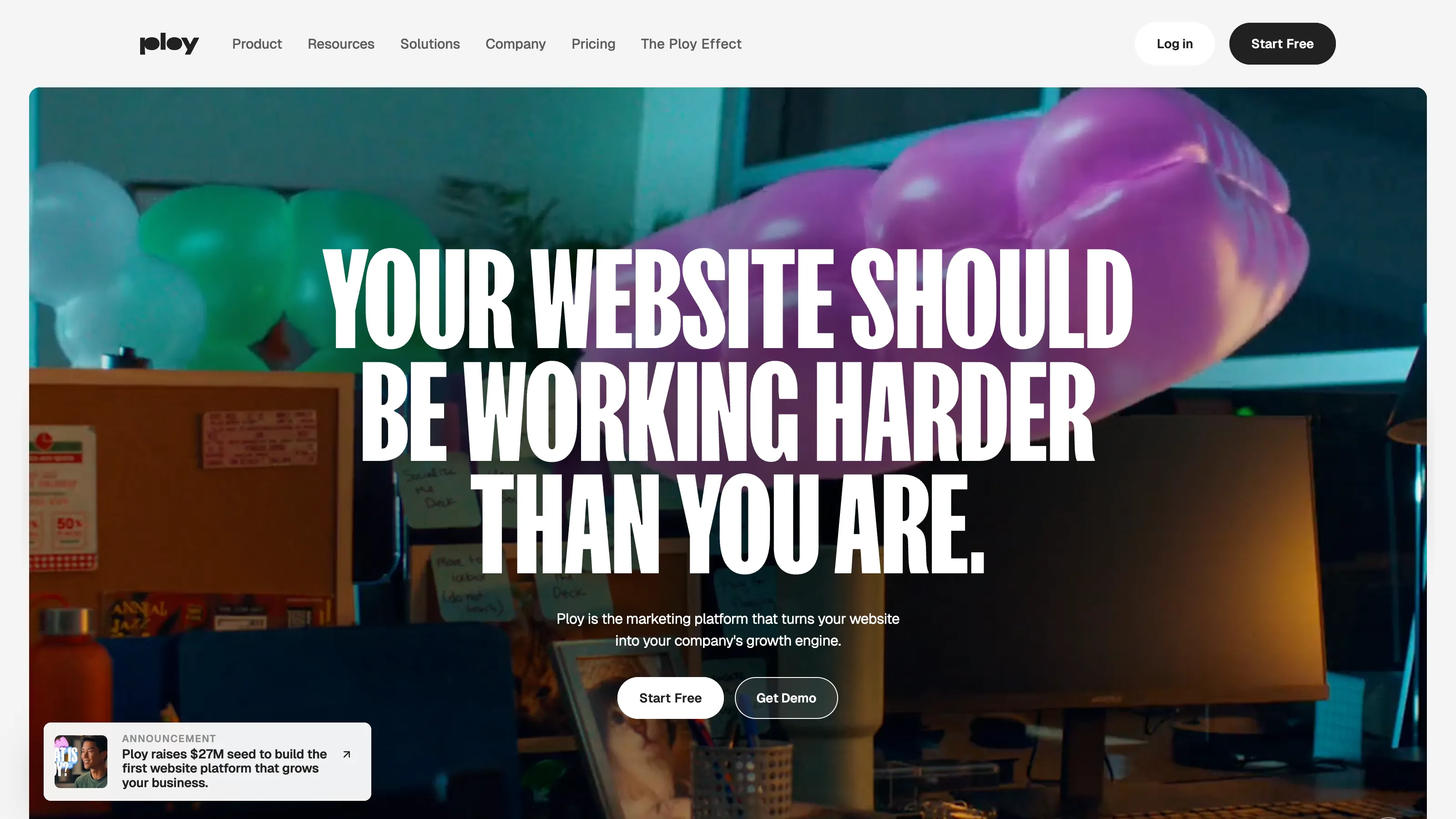 Ploy website homepage presenting its marketing platform designed to turn websites into growth engines.