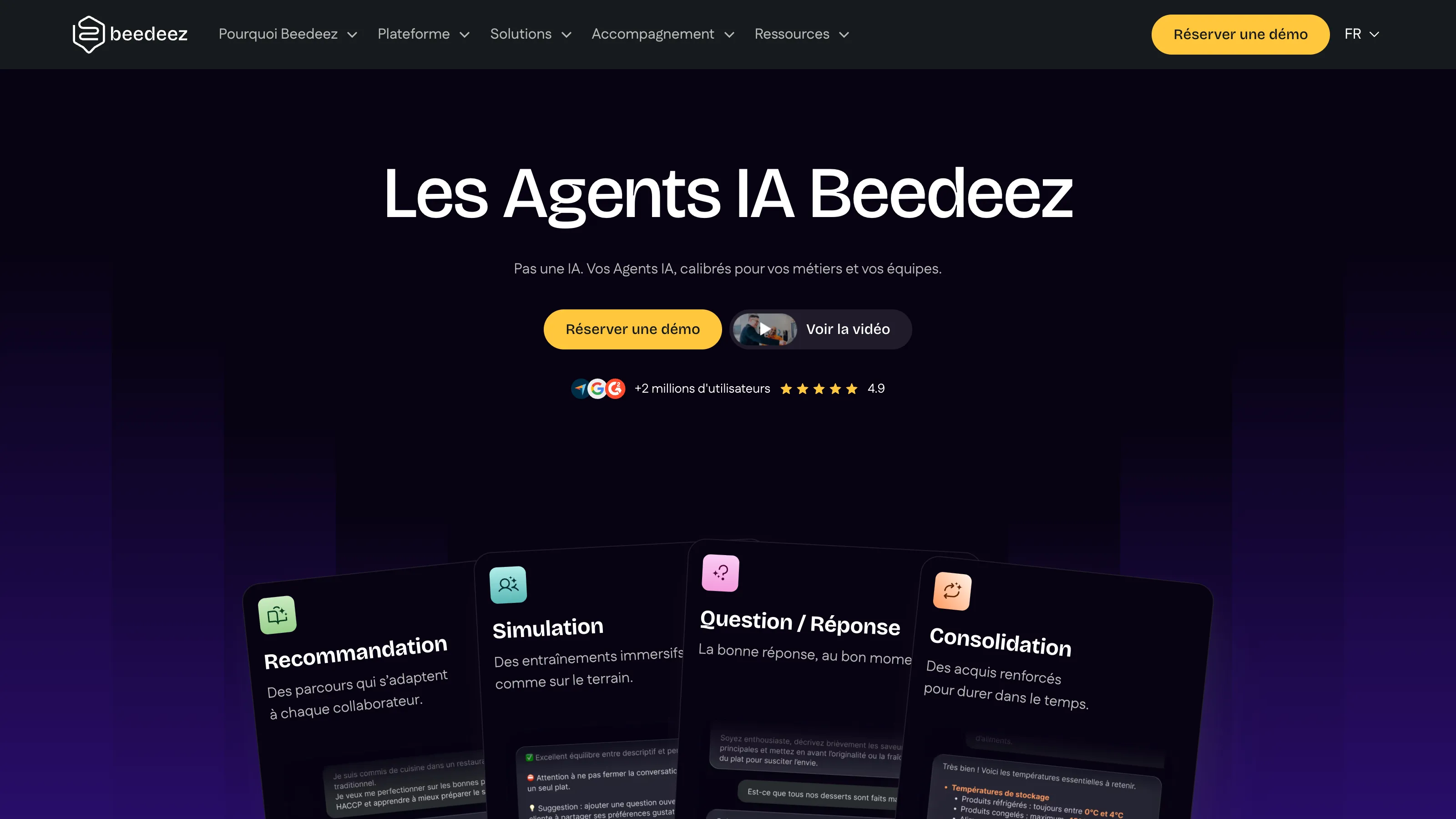 Page de présentation des Agents IA Beedeez pour la recommandation, la simulation, les questions-réponses et la consolidation.