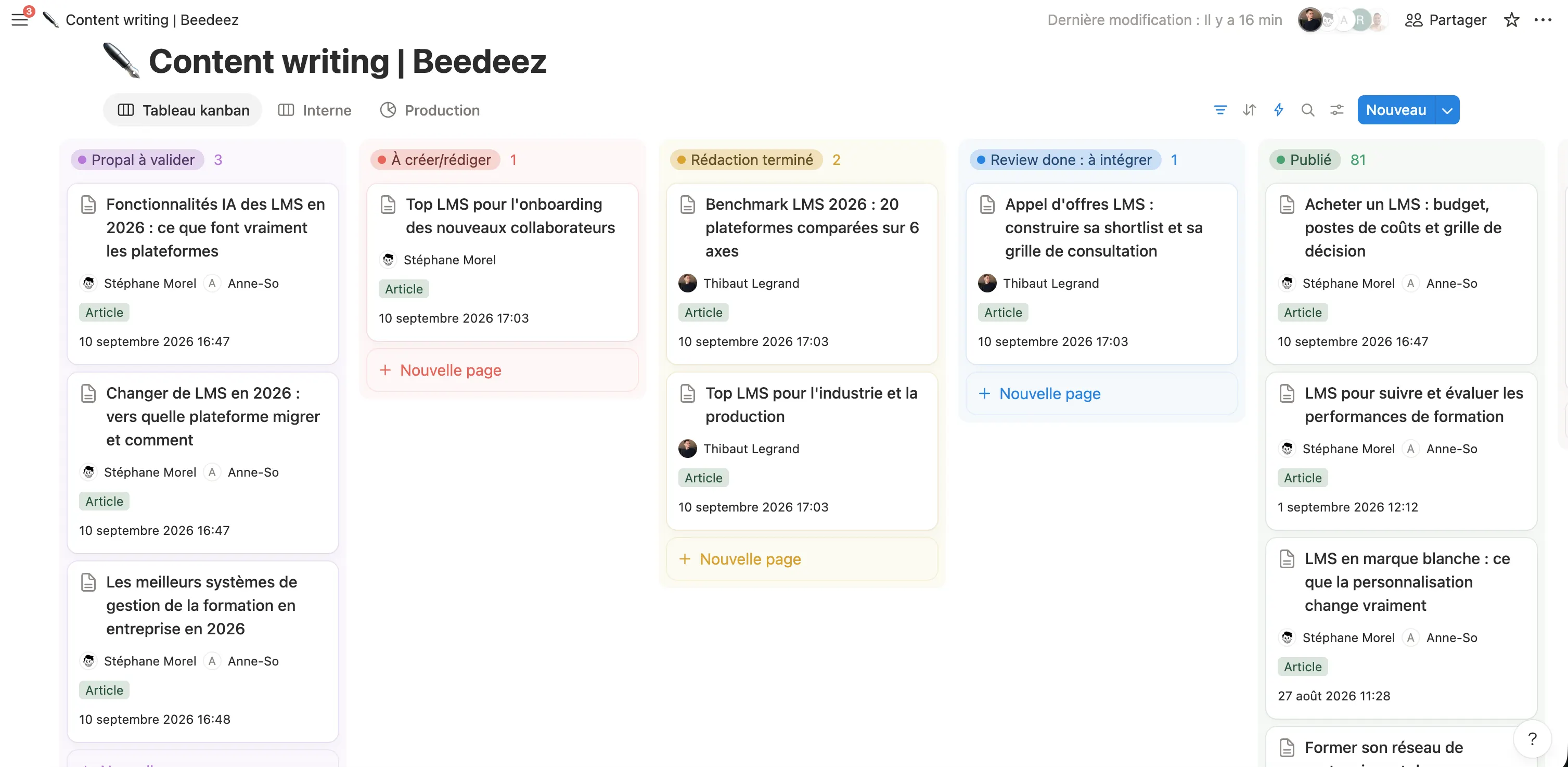 Beedeez SEO content production Kanban board, organized by writing and publishing stages.