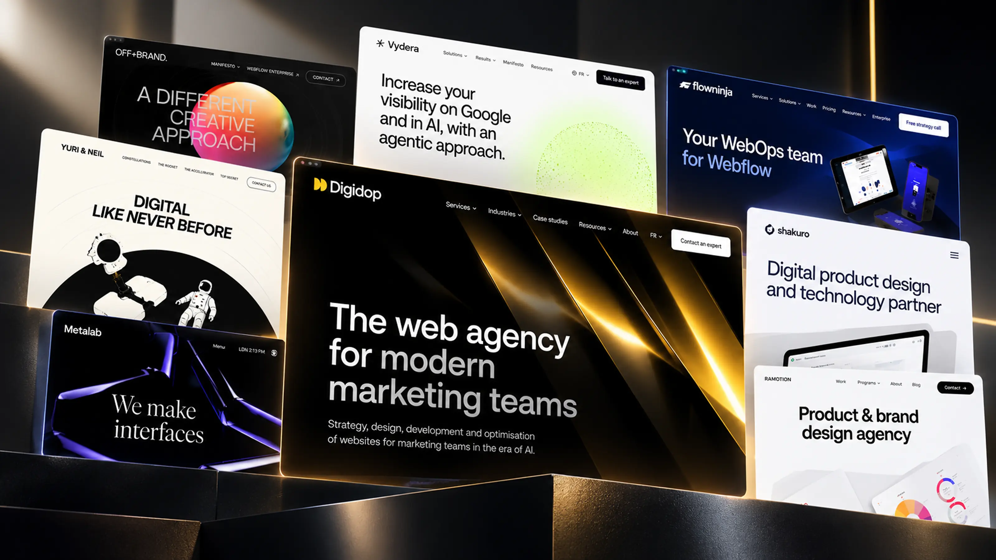 Collage of homepages from B2B SaaS agencies including Digidop, Vydera, FlowNinja, OFF+BRAND, Yuri & Neil, MetaLab, Shakuro and Ramotion