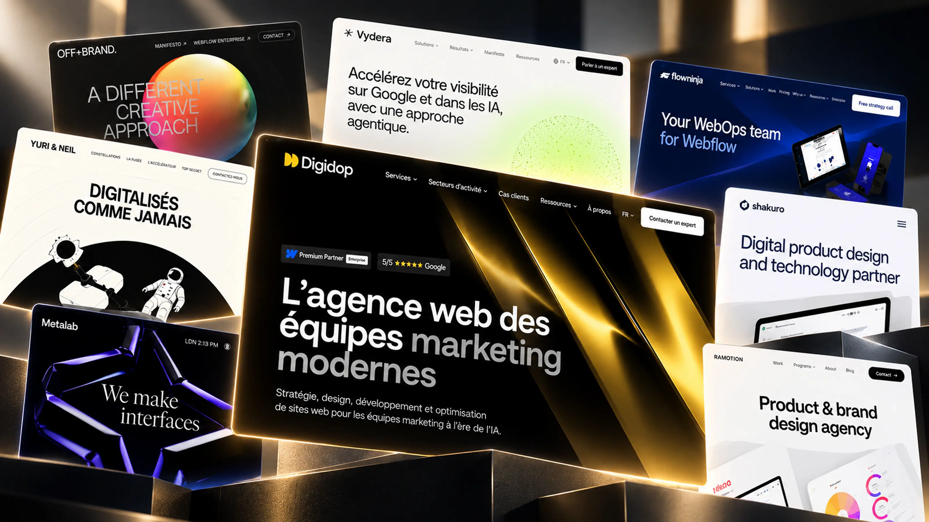 Collage of homepages from B2B SaaS agencies including Digidop, Vydera, FlowNinja, OFF+BRAND, Yuri & Neil, MetaLab, Shakuro and Ramotion