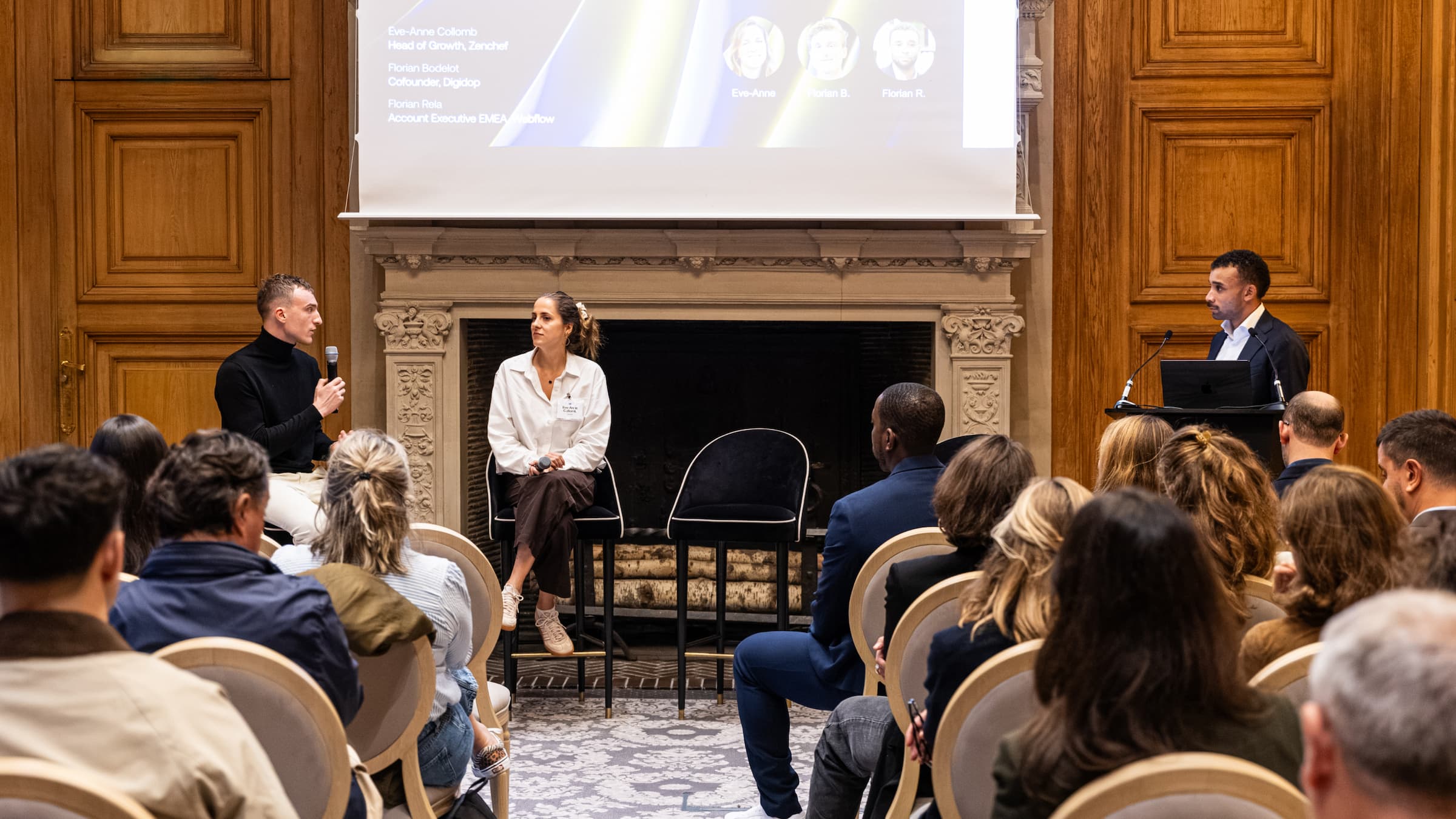 Florian Bodelot talks with Eve-Anne Collomb, Head of Growth at Zenchef, during the World Wide Webflow Tour at the George V in Paris.
