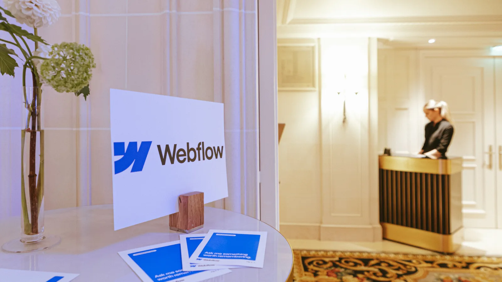 Webflow signage at the entrance of the World Wide Webflow Tour at the George V in Paris.
