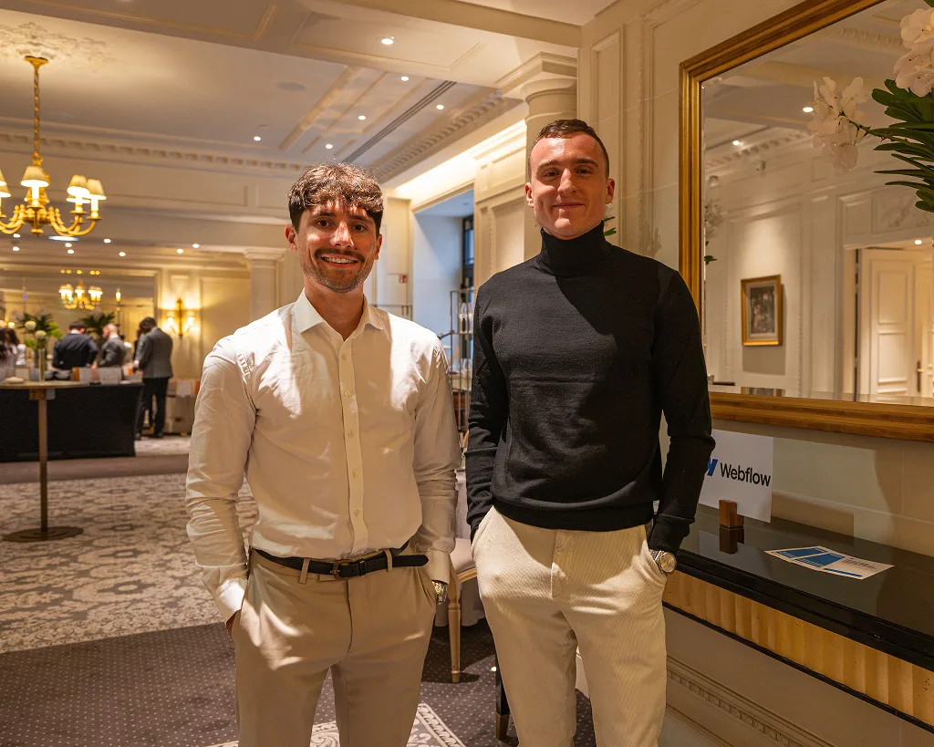 Florian Bodelot and Thomas Labonne, co-founders of Digidop, at the World Wide Webflow Tour at the George V in Paris.