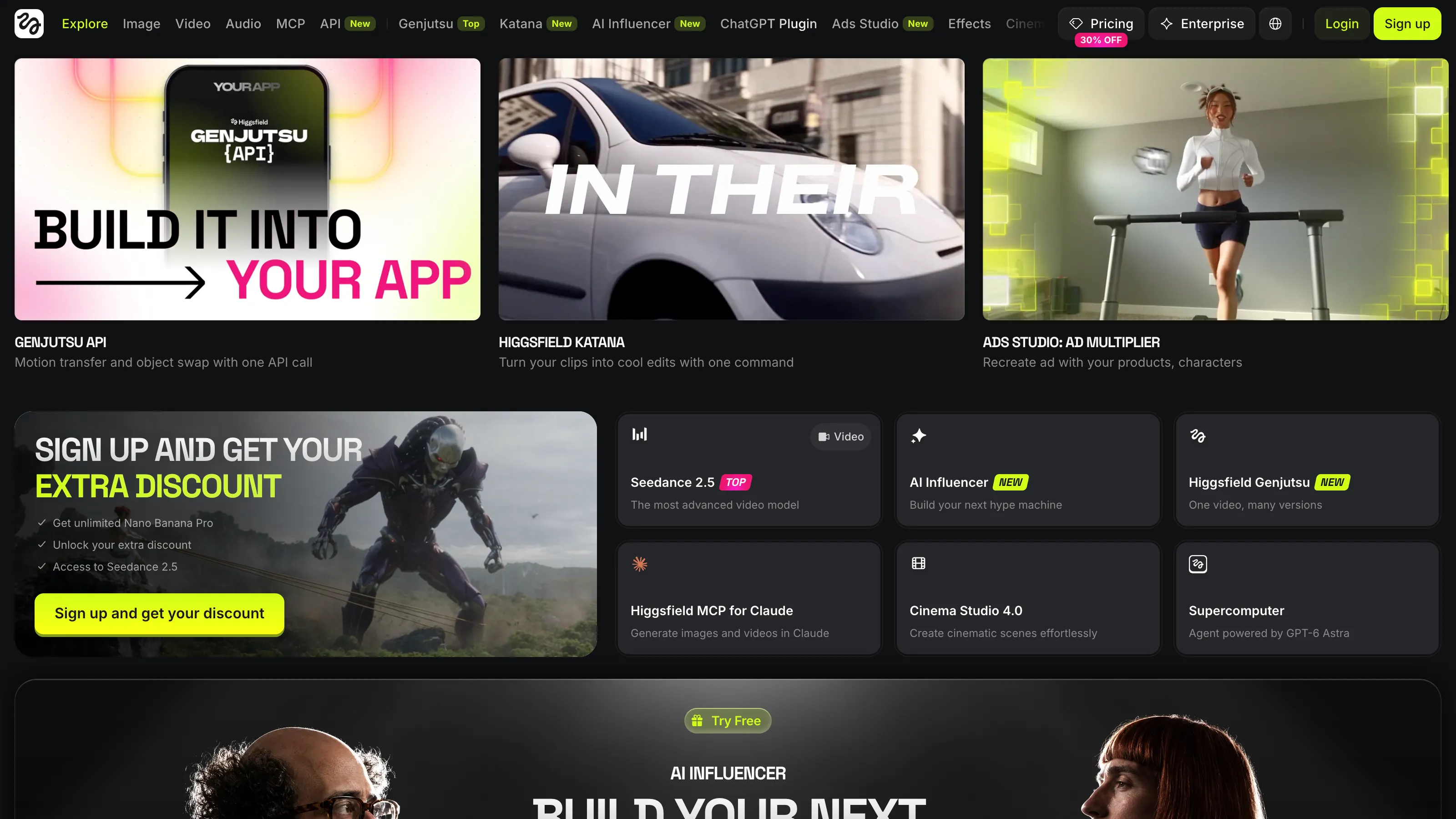 Higgsfield interface showcasing its AI video generation tools and models