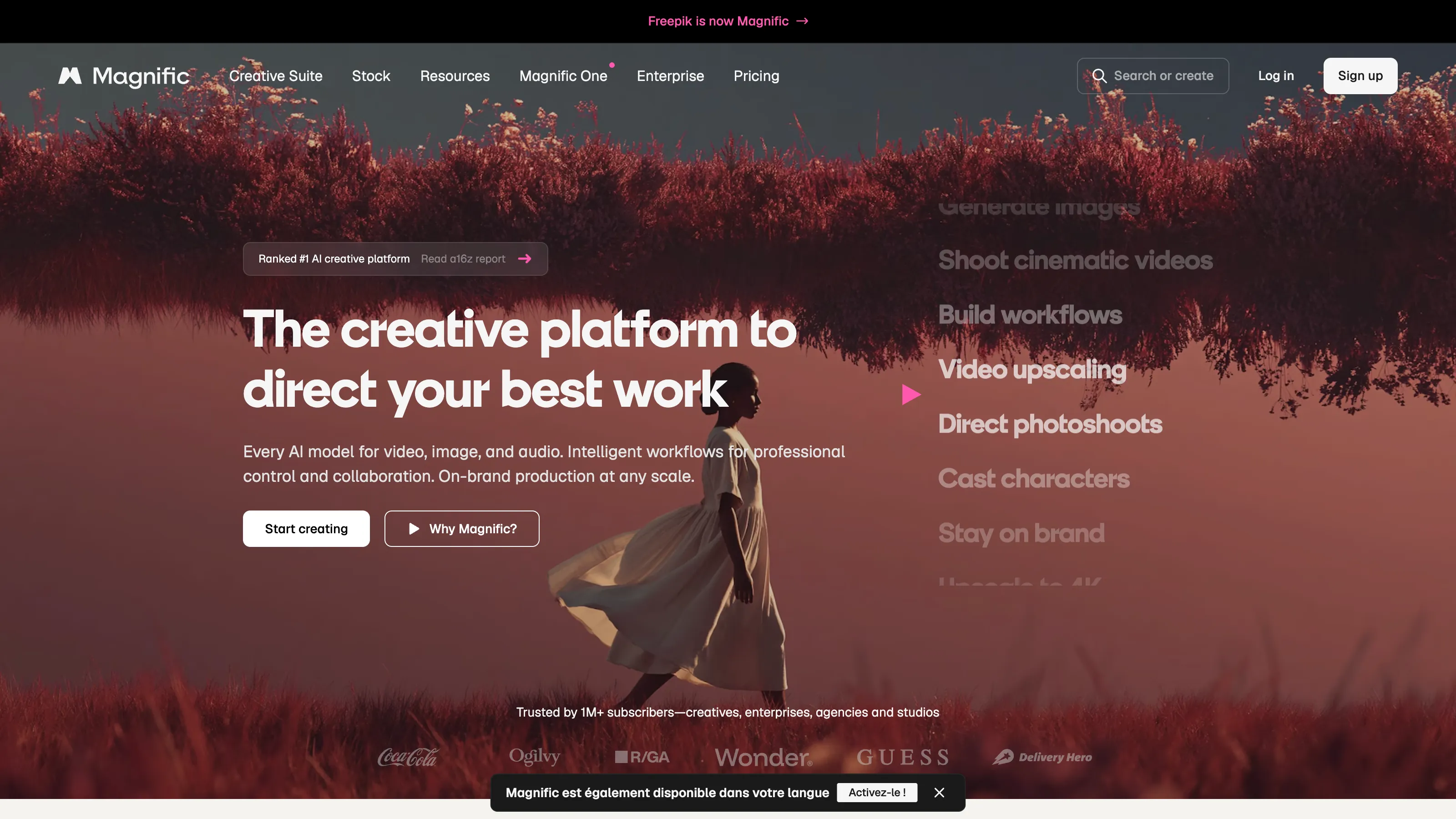 Magnific homepage, an AI creative platform for image, video and audio generation