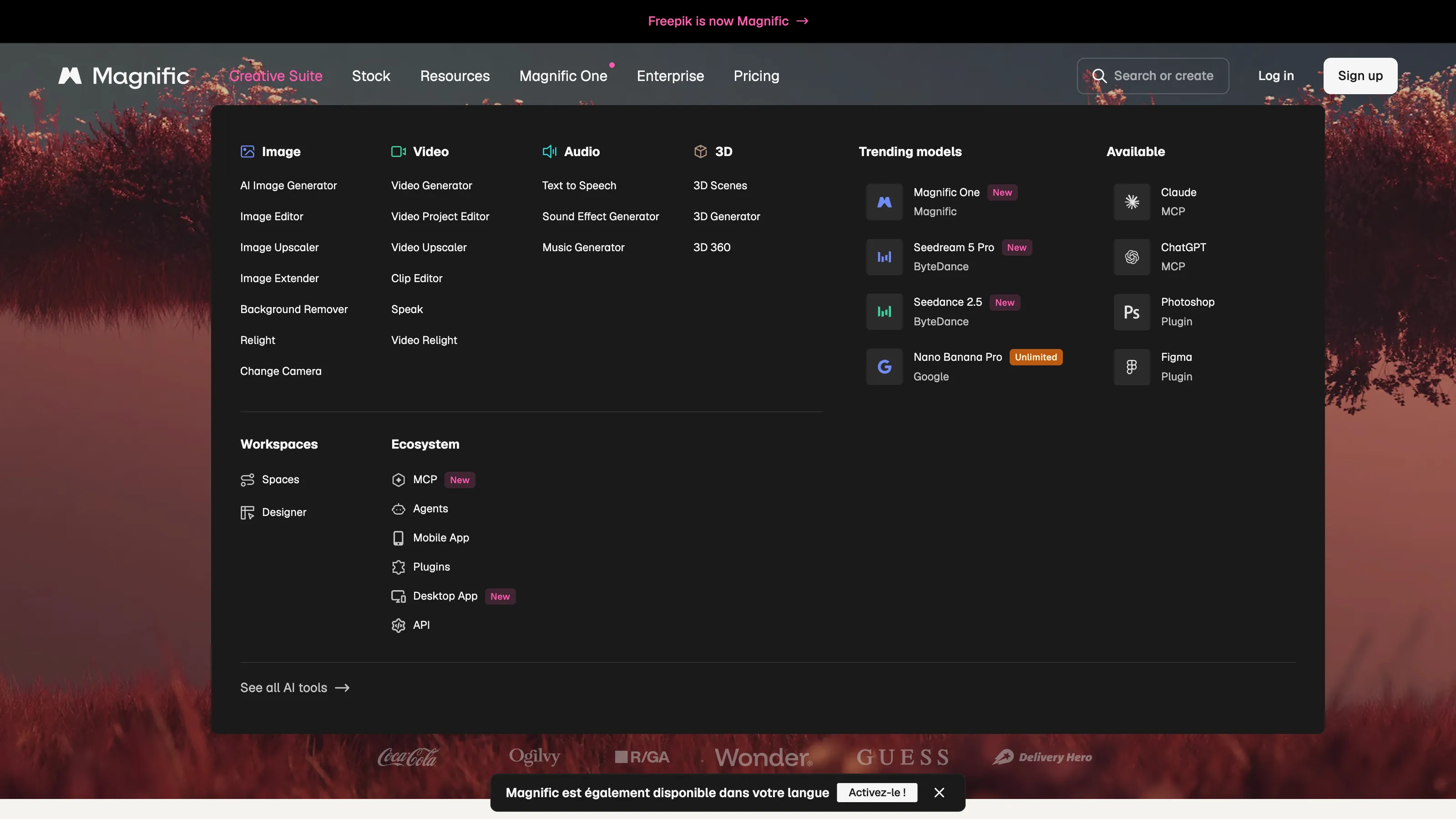 Magnific AI tools for generating and editing images, videos, audio and 3D content