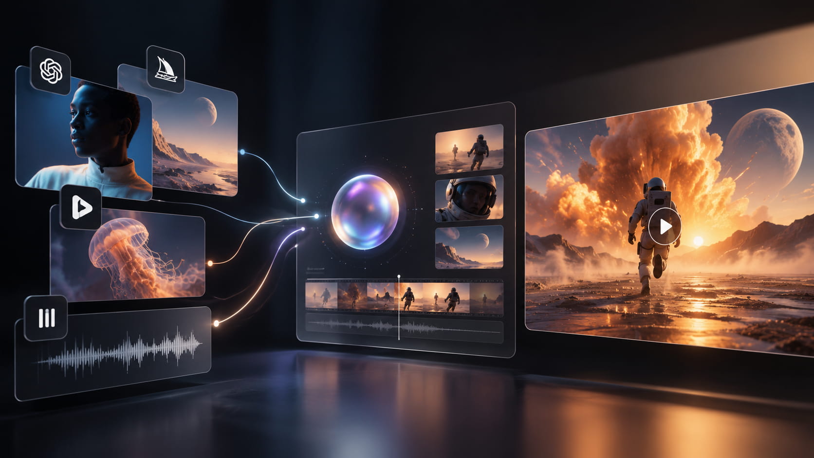 AI video generation workflow combining images, AI models, audio and video editing