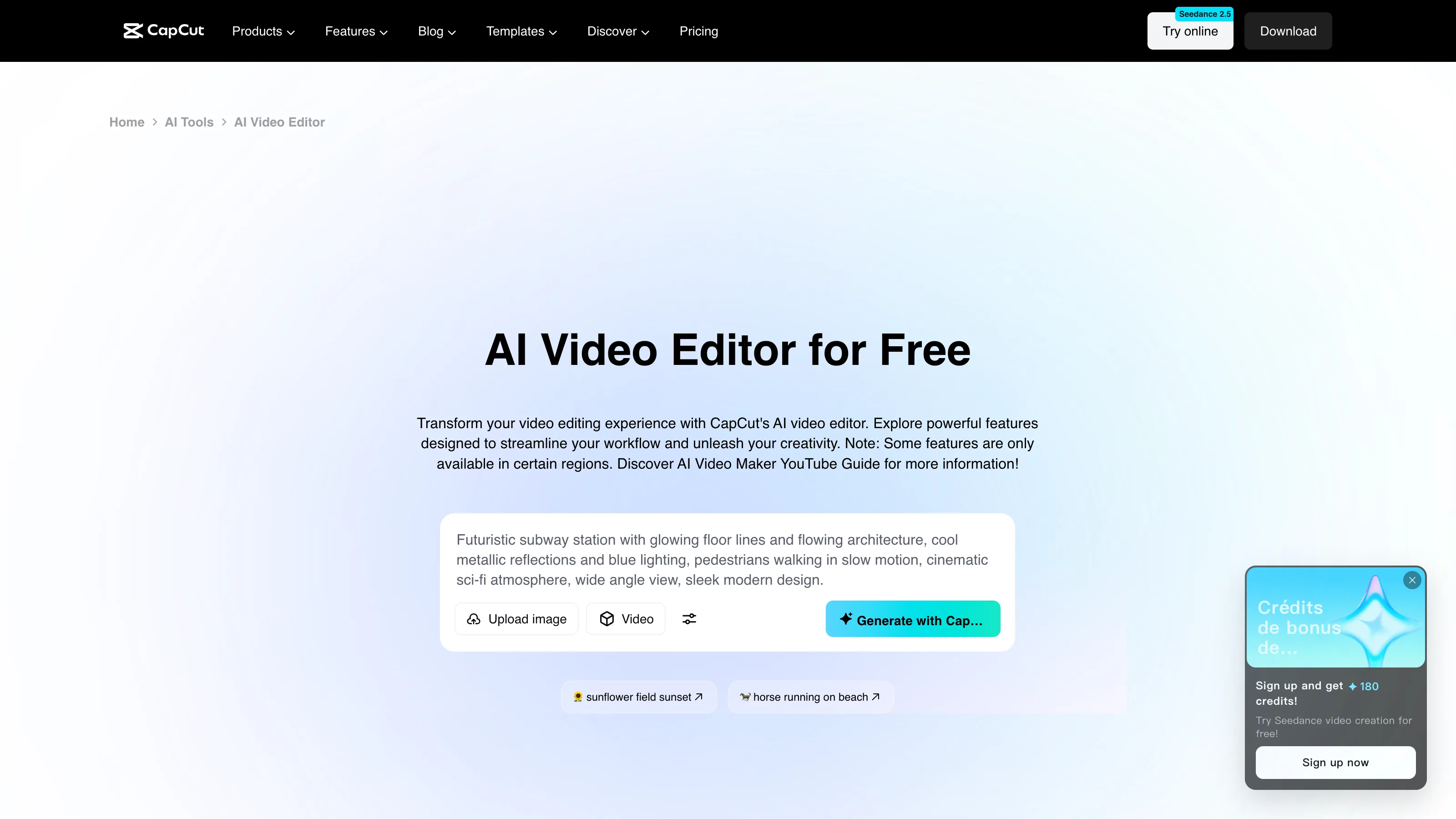 CapCut interface showcasing its AI video editor and prompt-based video generation tool.