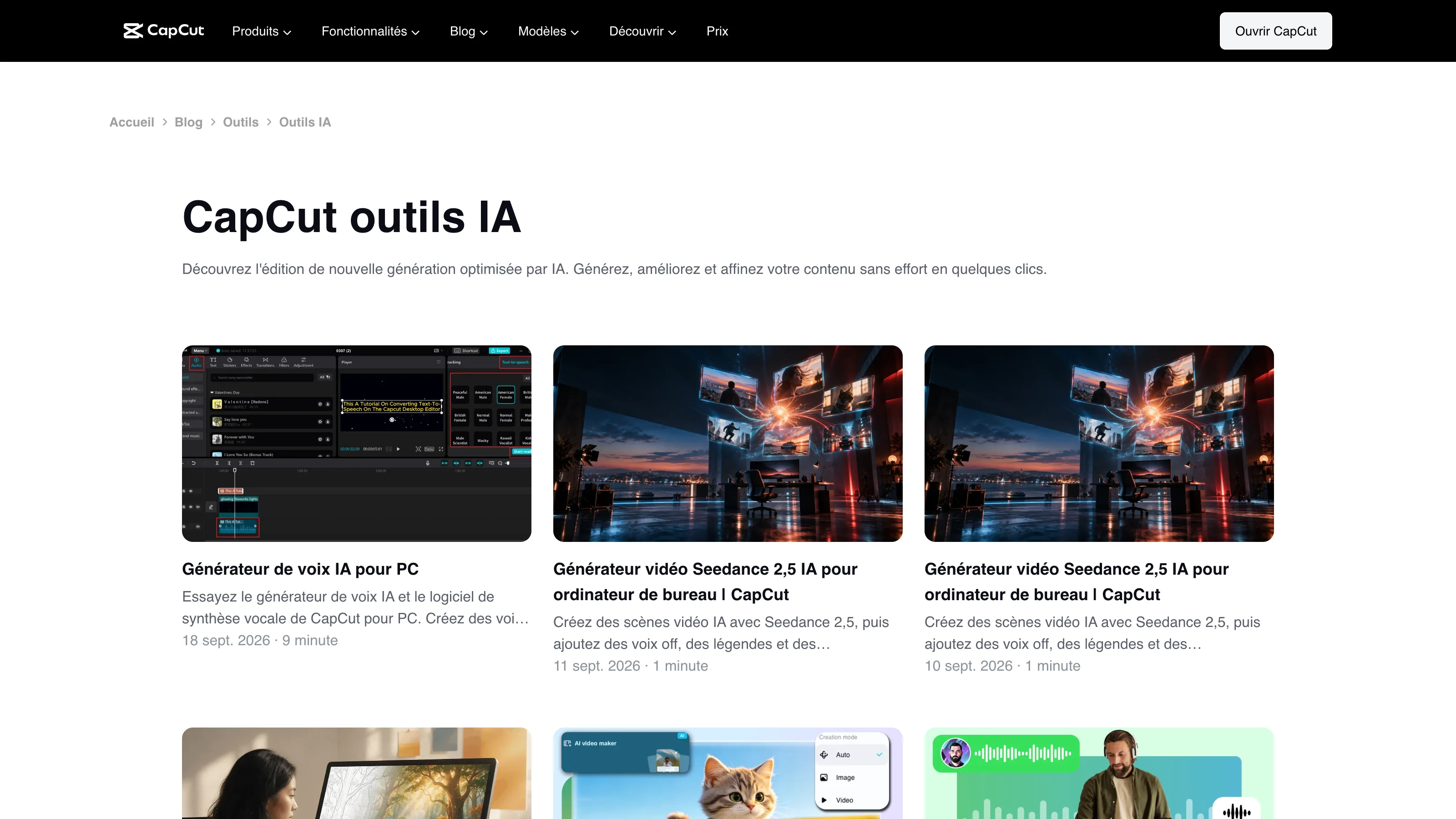 Page CapCut présentant ses outils IA pour la génération et l’édition de vidéos, d’images et de contenus audio.