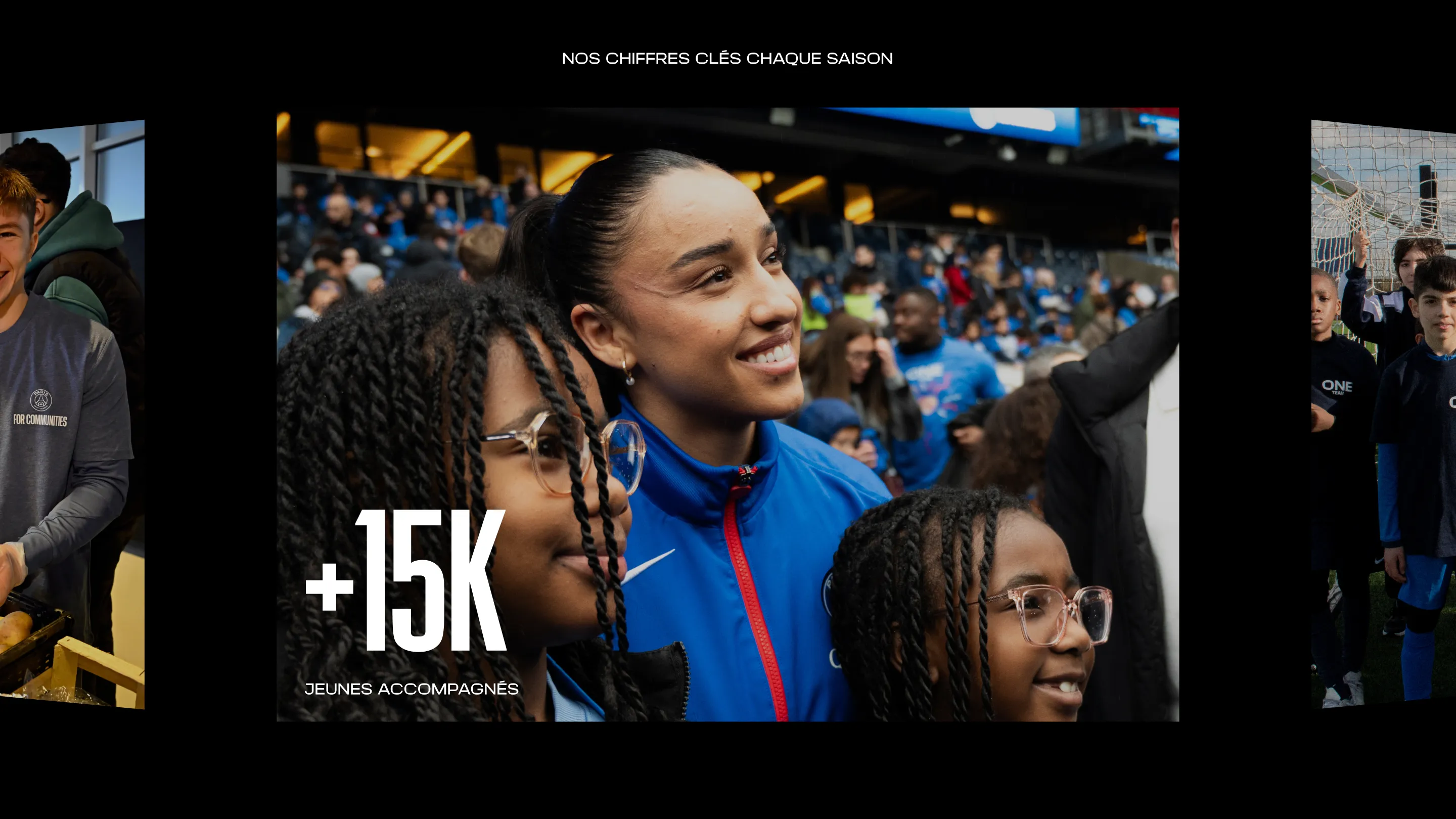 Carrousel immersif PSG for Communities présentant les chiffres clés et les jeunes accompagnés chaque saison.