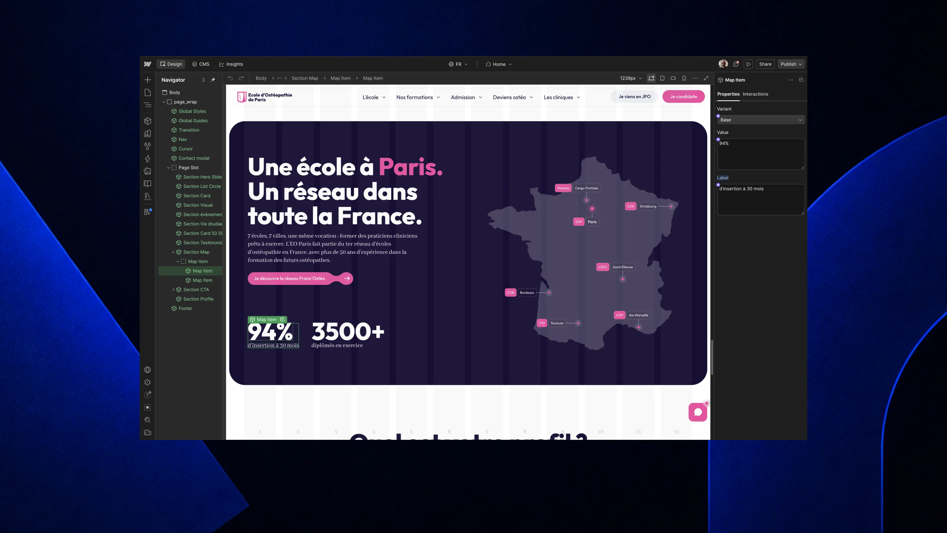 Interface du Webflow Designer montrant la création et la personnalisation visuelle d’un site web avec des composants réutilisables.