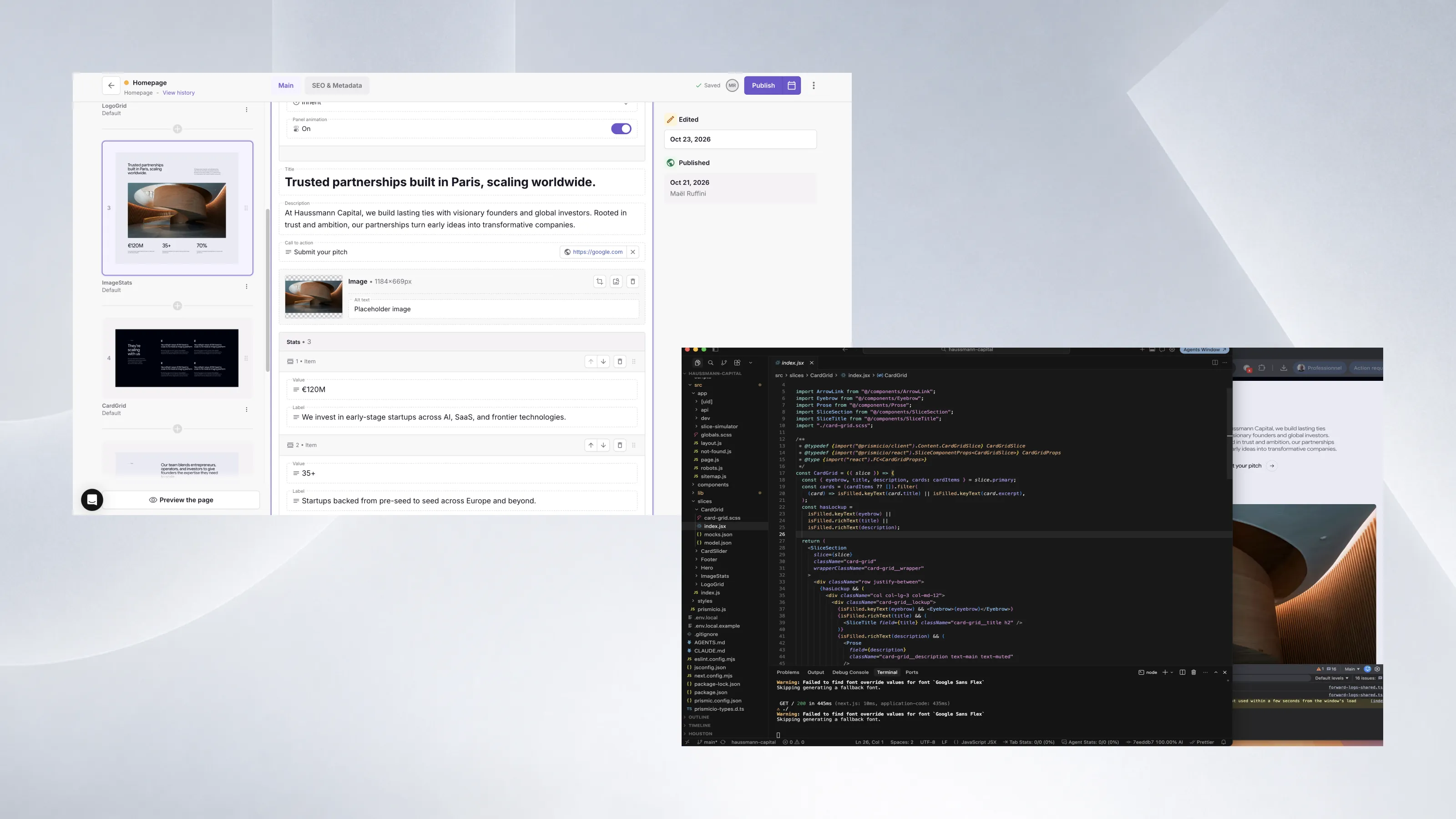 Interface d’un CMS headless avec des composants de contenu personnalisables, associée à un environnement de développement sur mesure.