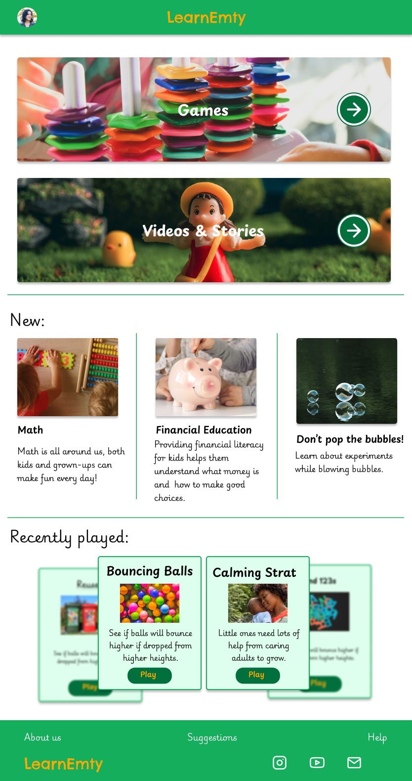 Screenshot of LearnEmty project app homepage on a tablet.