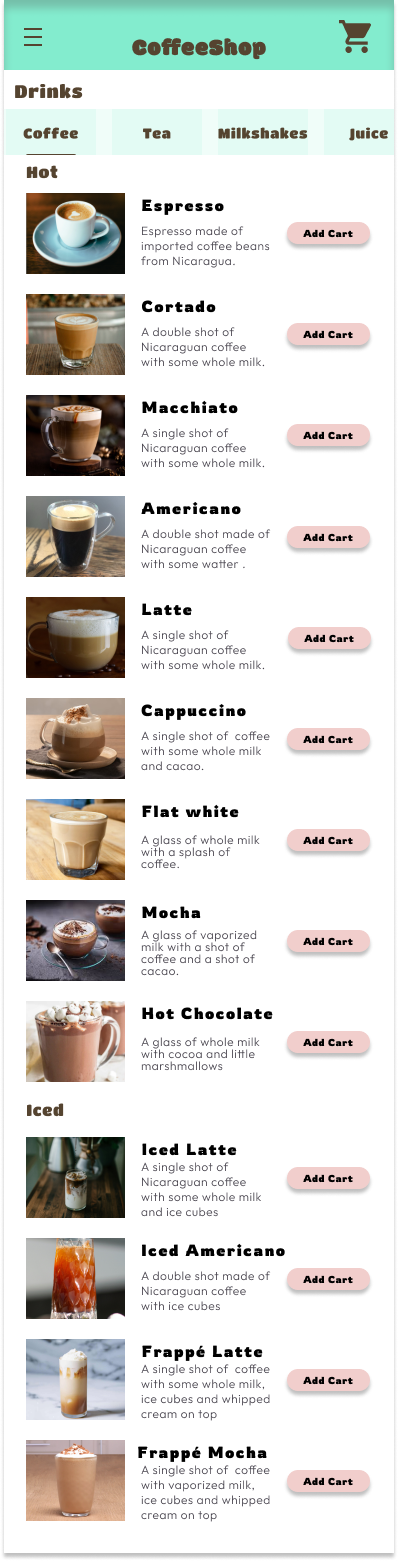 Screenshot of CoffeeShop project showing how the list of products are showed.