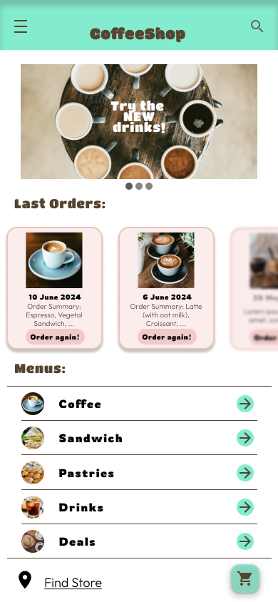 Screenshot of CoffeeShop project app homepage