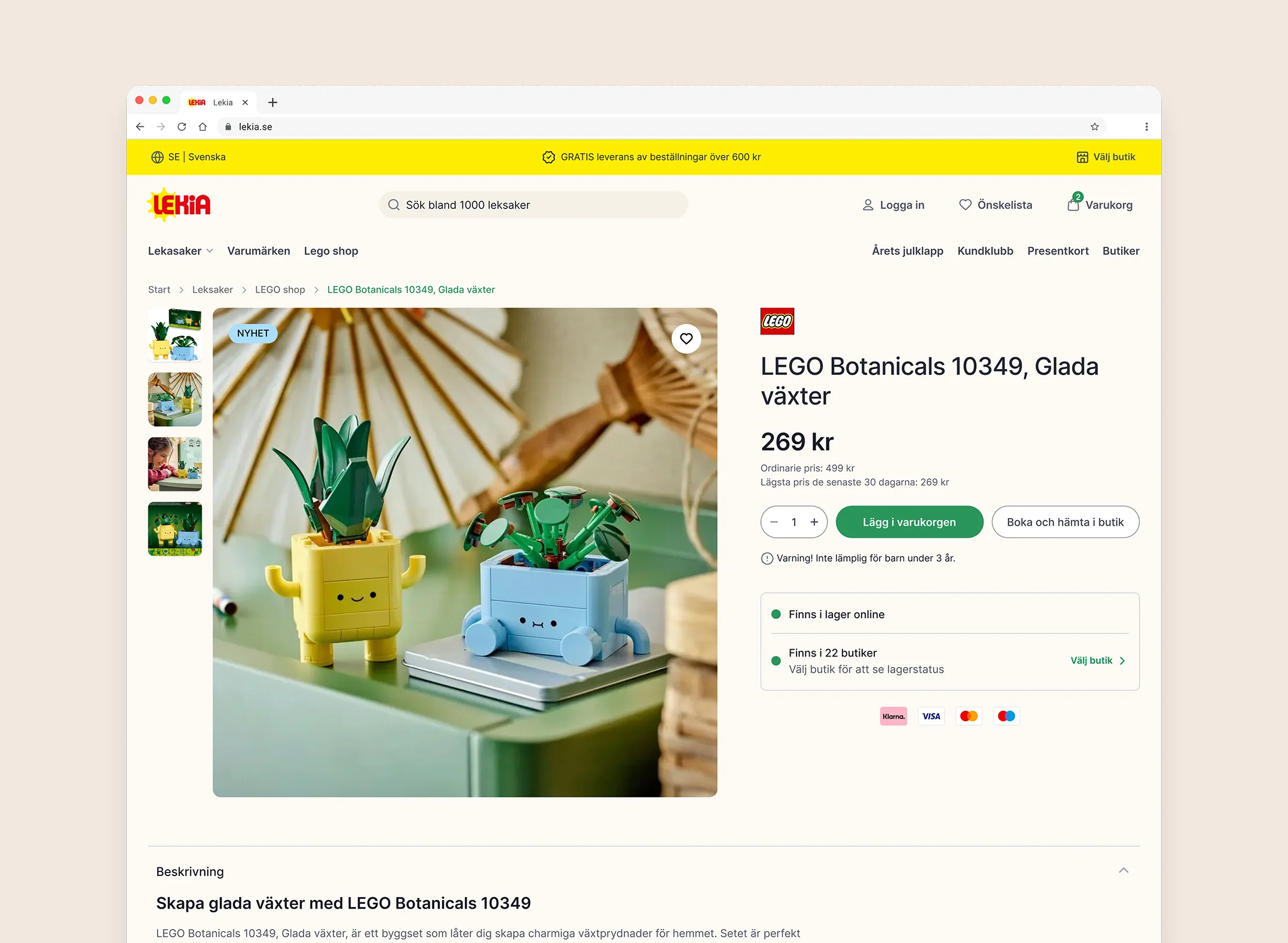 Product page showing LEGO Botanicals 10349 with two colorful plant-themed LEGO figures on a green surface.