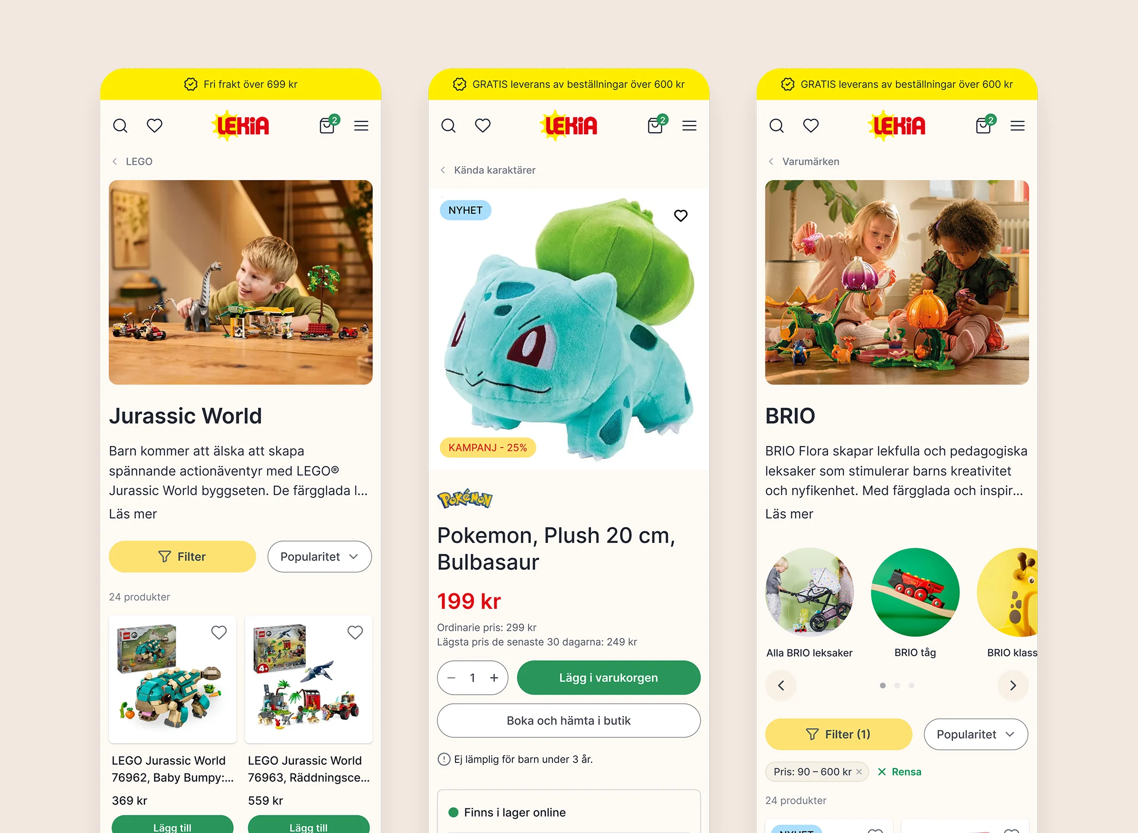 Three mobile screens displaying toys: a boy playing with LEGO Jurassic World, a plush Pokémon Bulbasaur for sale, and two children playing with BRIO toys.