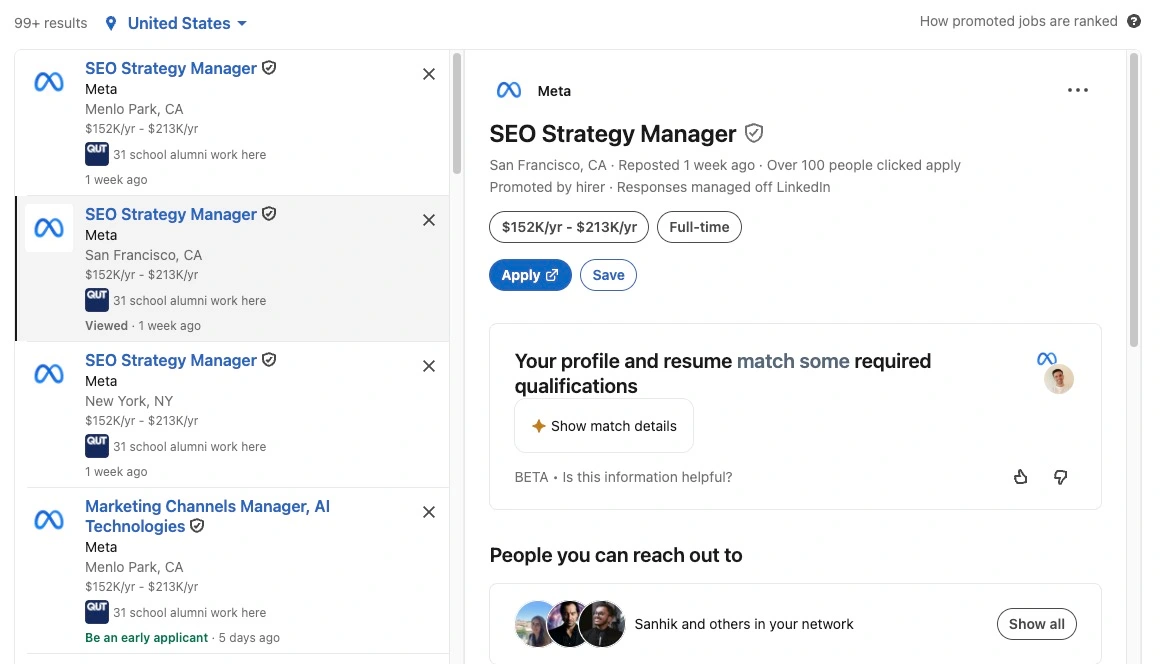 LinkedIn job listings showing Meta hiring SEO Strategy Managers at $152K to $213K per year in San Francisco, Menlo Park, and New York