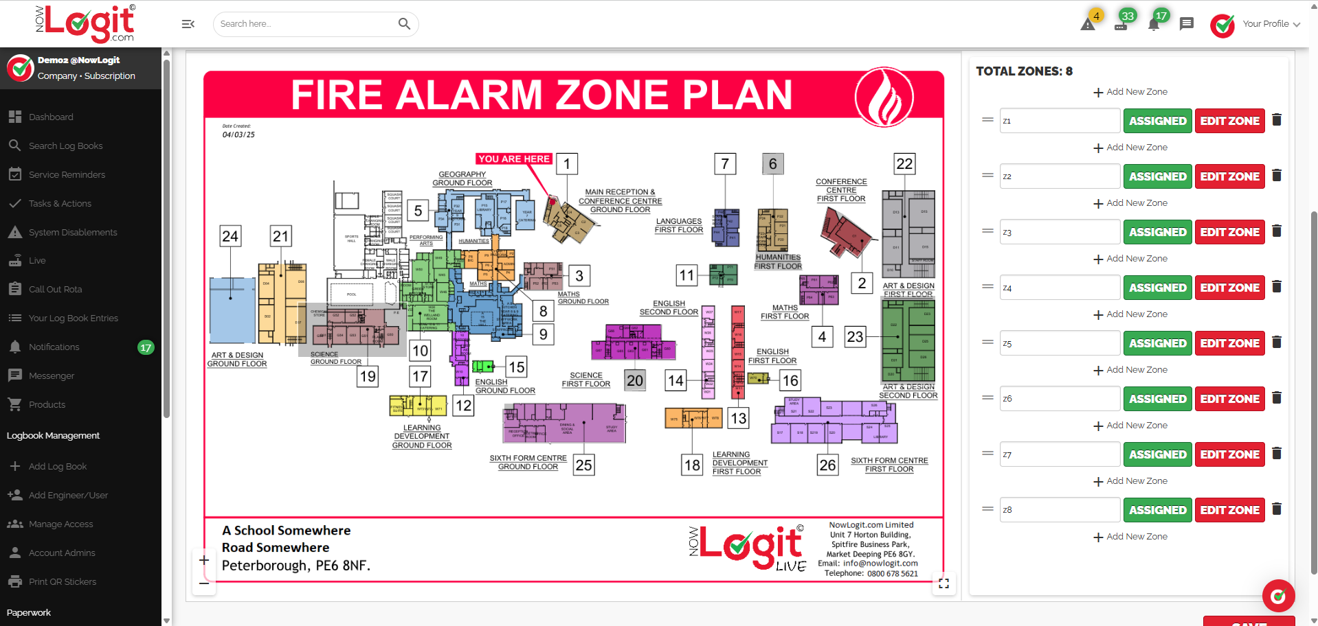Actual NowLogit V1 zone chart setup with eight assigned zone entries and the uploaded fire alarm zone plan