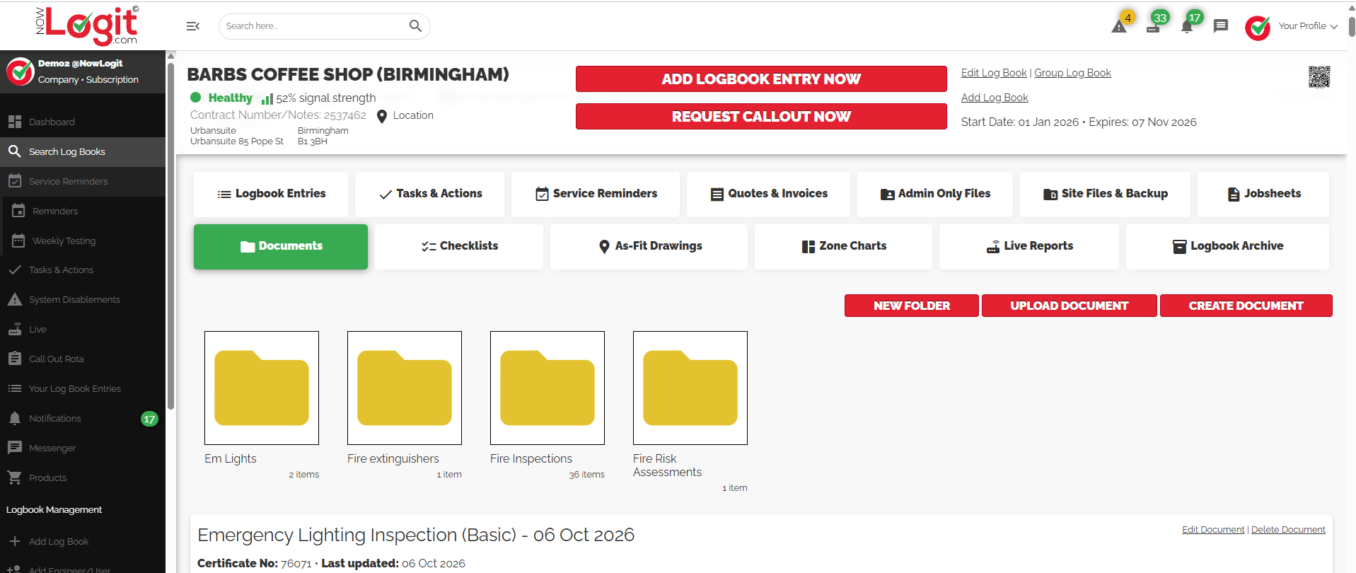 NowLogit V1 Documents view with site folders and an uploaded emergency-lighting certificate