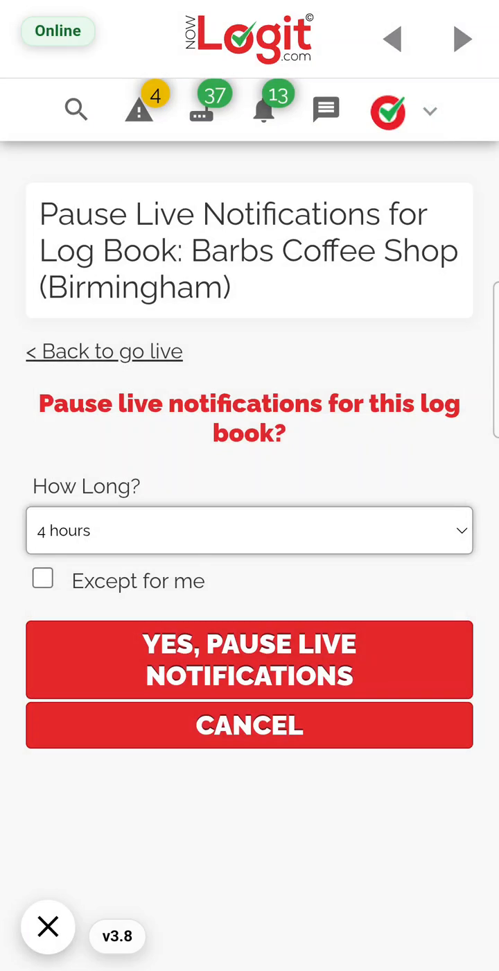 NowLogit V1 mobile workflow: site views, notification pause settings, event history and report