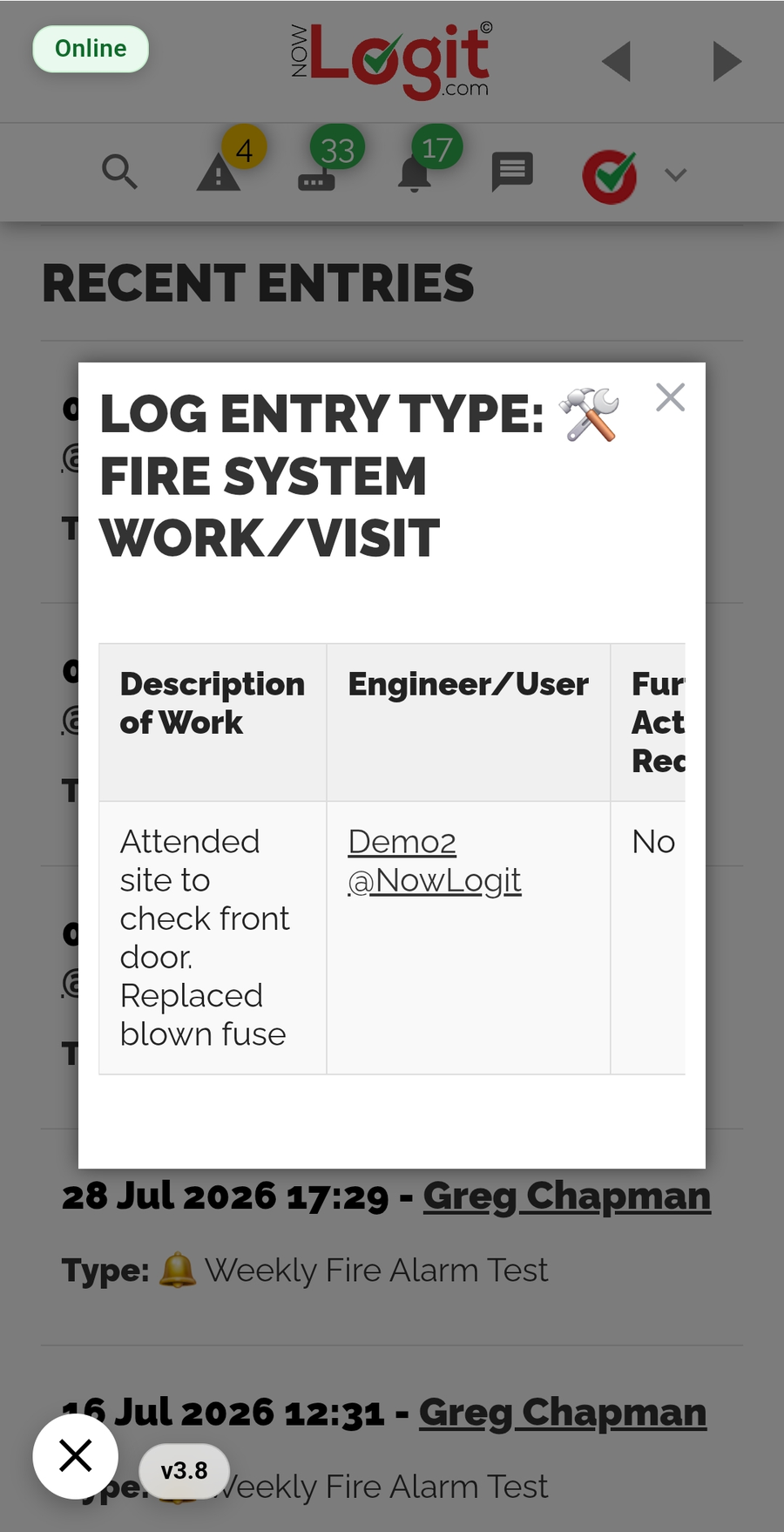 NowLogit V1 previous fire-system work entry, showing description, engineer and further action