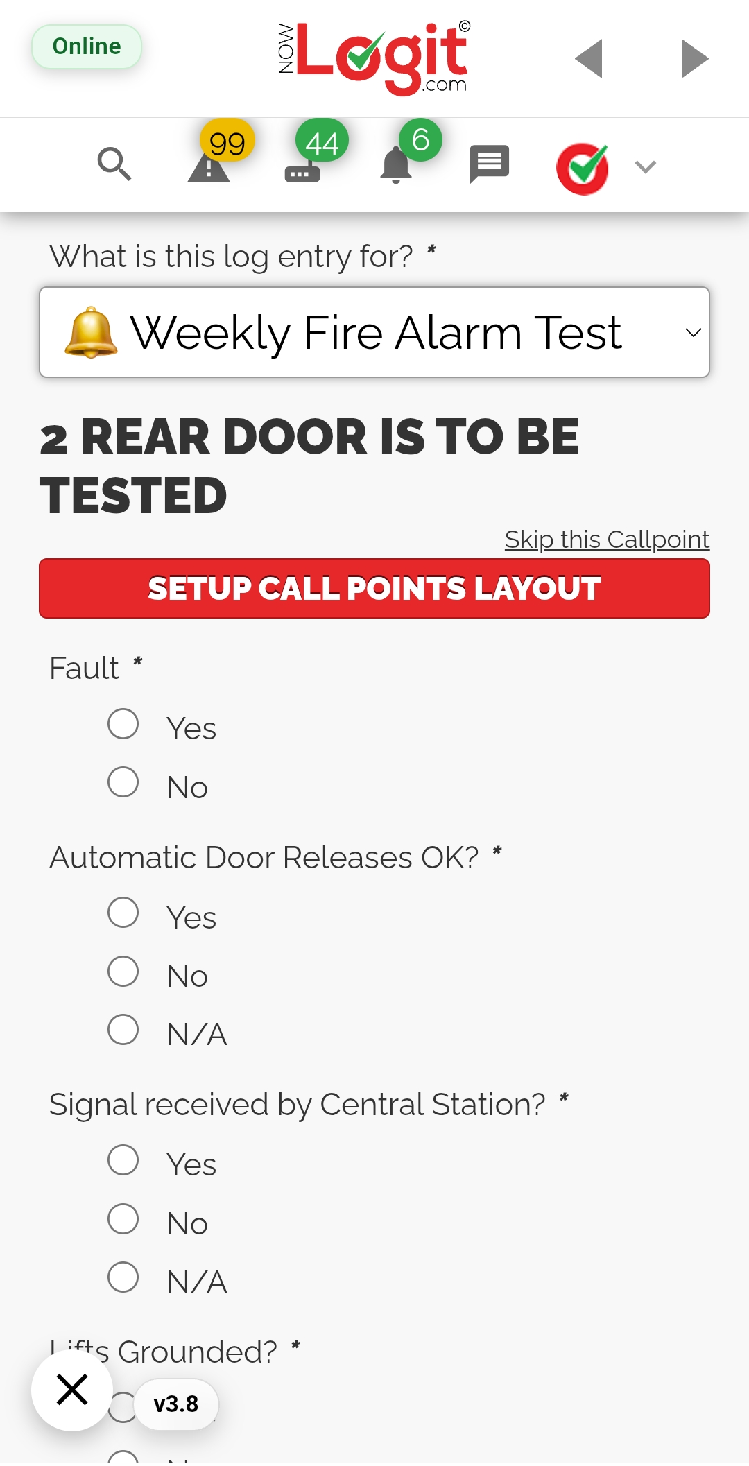 Actual NowLogit V1 mobile weekly fire alarm test entry