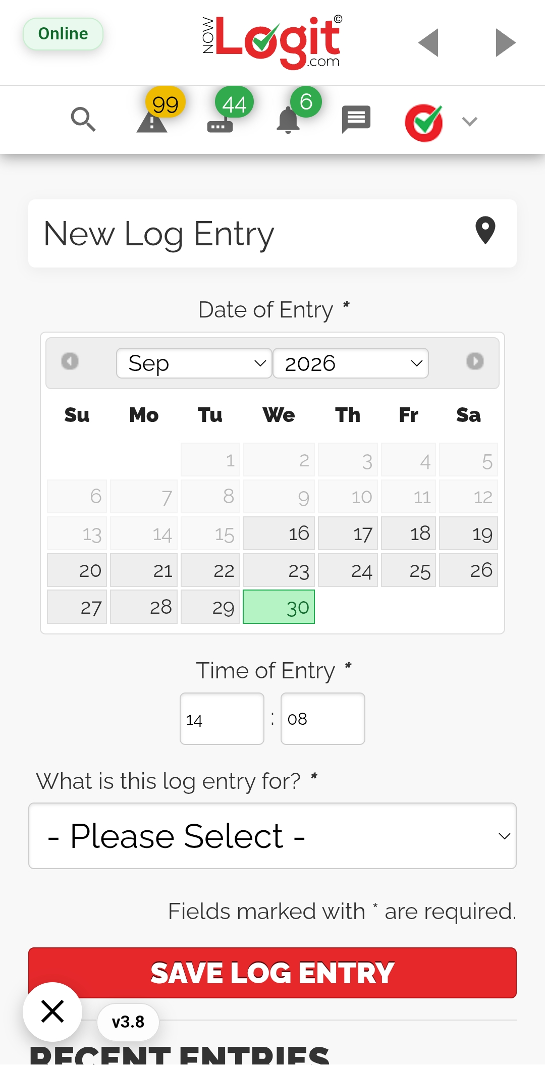 Actual NowLogit V1 mobile new log entry screen