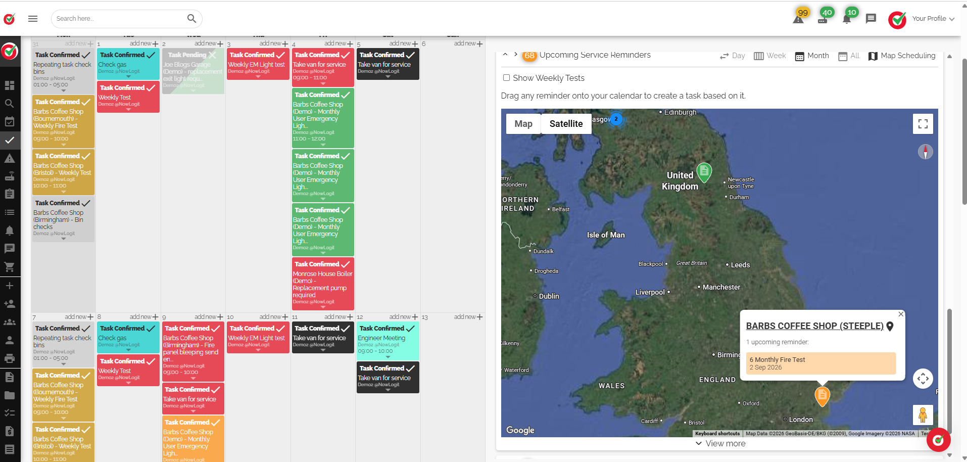 NowLogit V1 task calendar alongside the map scheduler