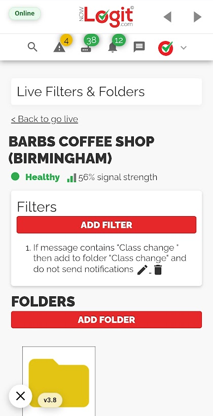 Actual NowLogit V1 Live Filters and Folders screen, showing a configured message rule and folder