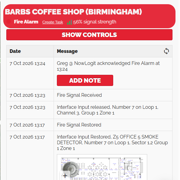 Actual NowLogit V1 event log showing a fire alarm acknowledgement, received signals and an Add Note button