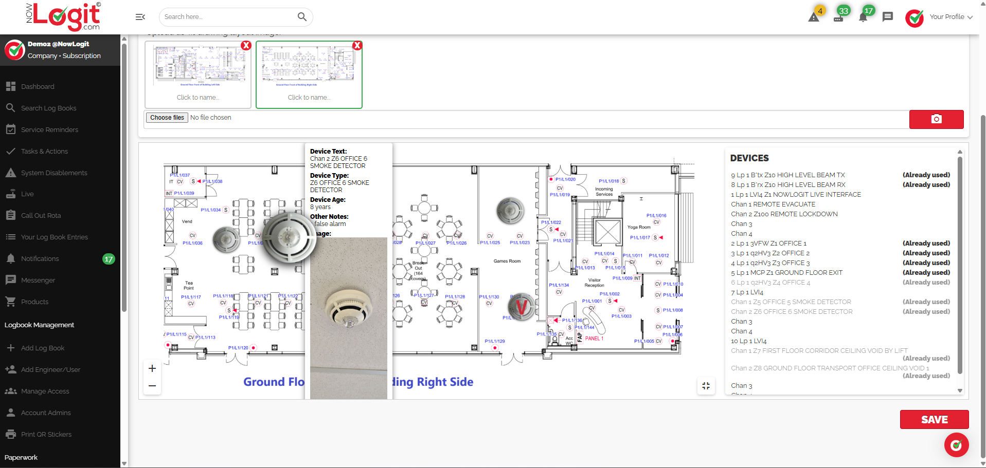 Actual NowLogit V1 as-fit mapping view with device menu, selected detector icon, device age, notes and photograph