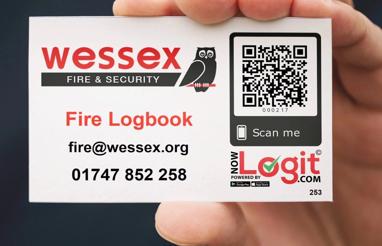 Wessex Fire & Security branded NowLogit fire safety logbook QR sticker example
