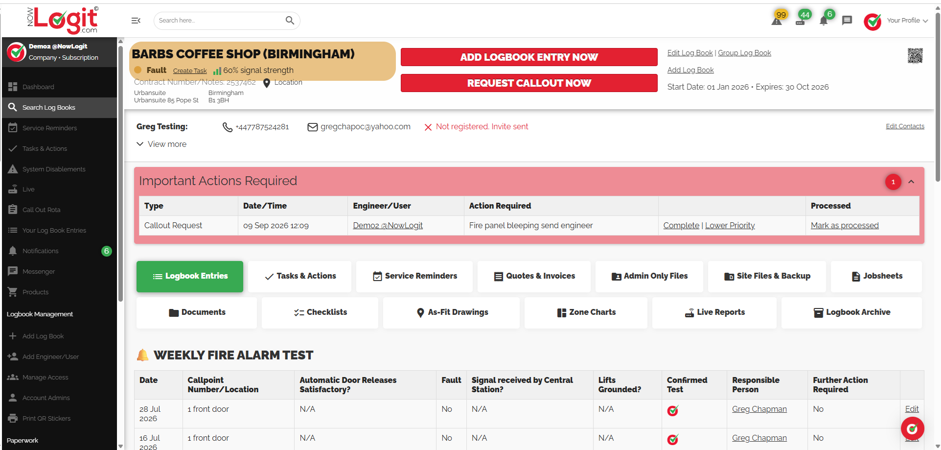 NowLogit V1 site logbook showing entry types, outstanding actions and test records