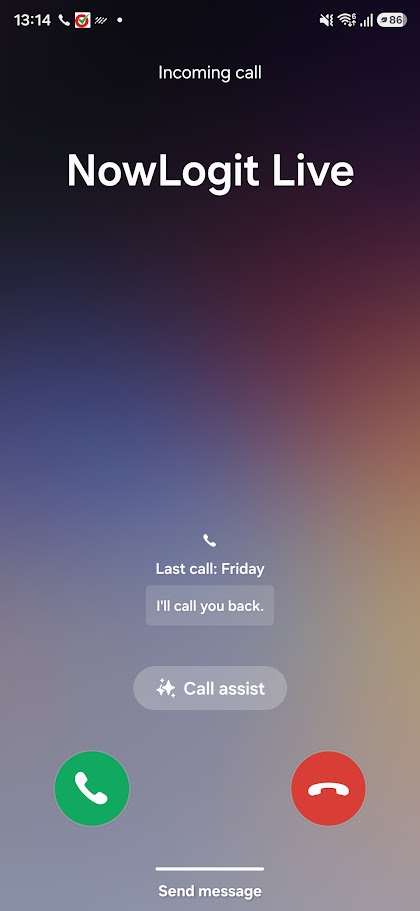 Actual phone screenshot showing an incoming NowLogit Live call