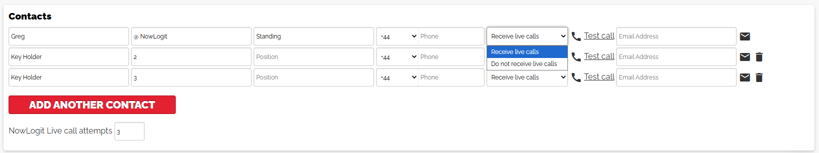 Actual NowLogit V1 contact settings, Receive live calls options and configurable call-attempt count